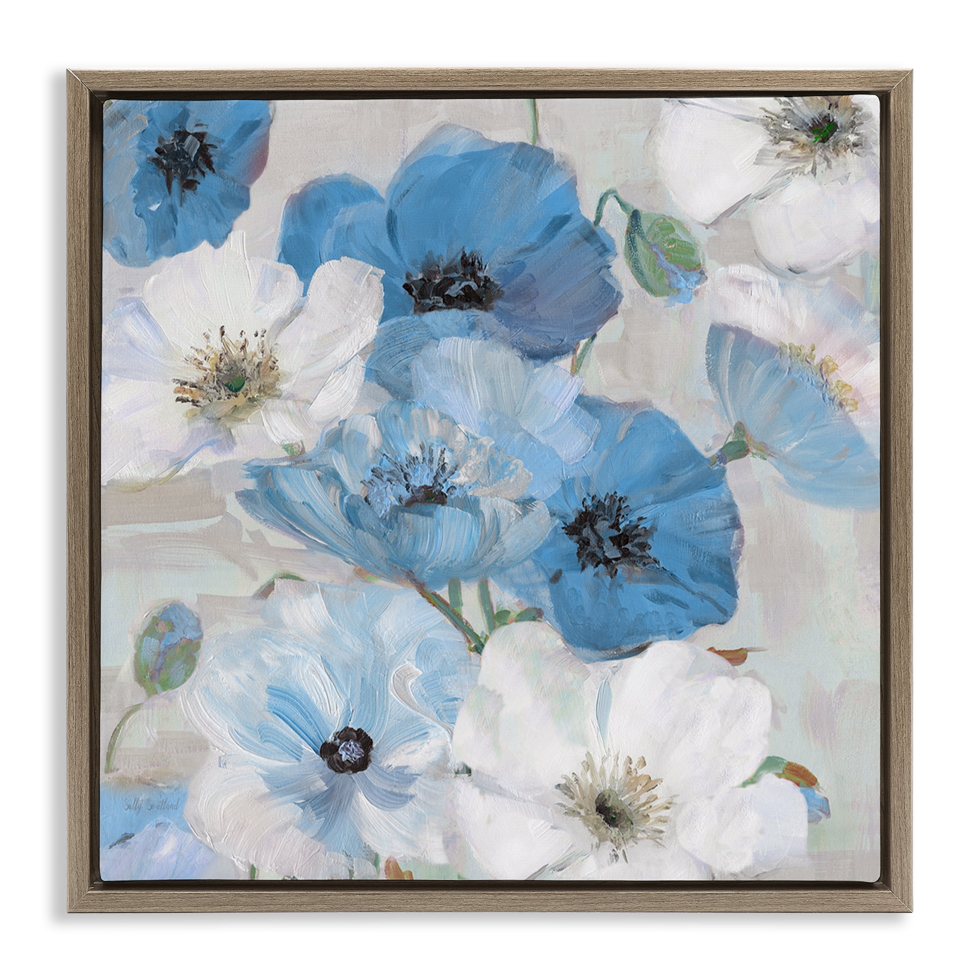 Stupell Industries Mixed Blue & White Blooms Plants & Flowers Painting Brown Floater Framed Canvas Art Print Wall Art, 18 x 18