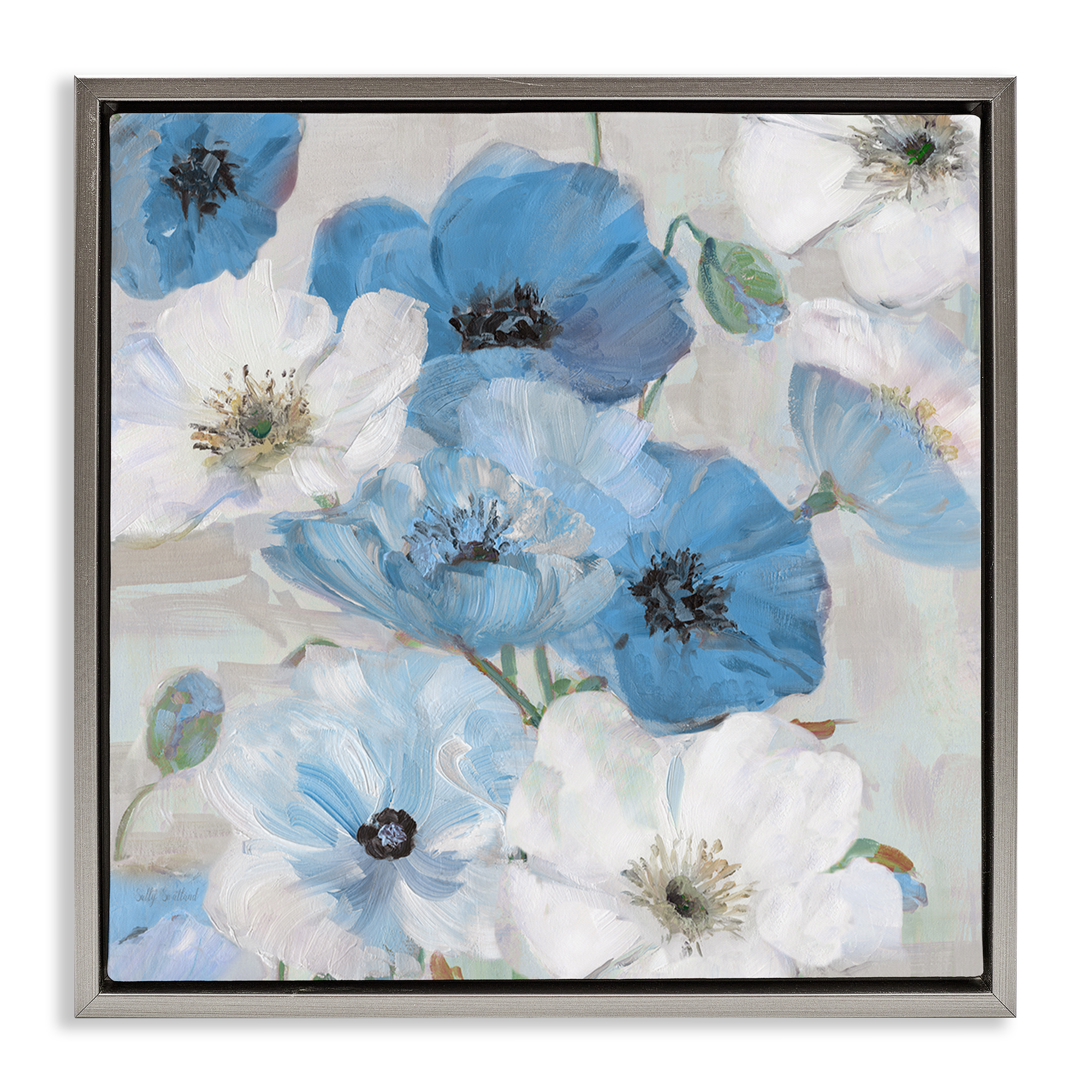 Stupell Industries Mixed Blue & White Blooms Plants & Flowers Painting Gray Floater Framed Canvas Art Print Wall Art, 25 x 25
