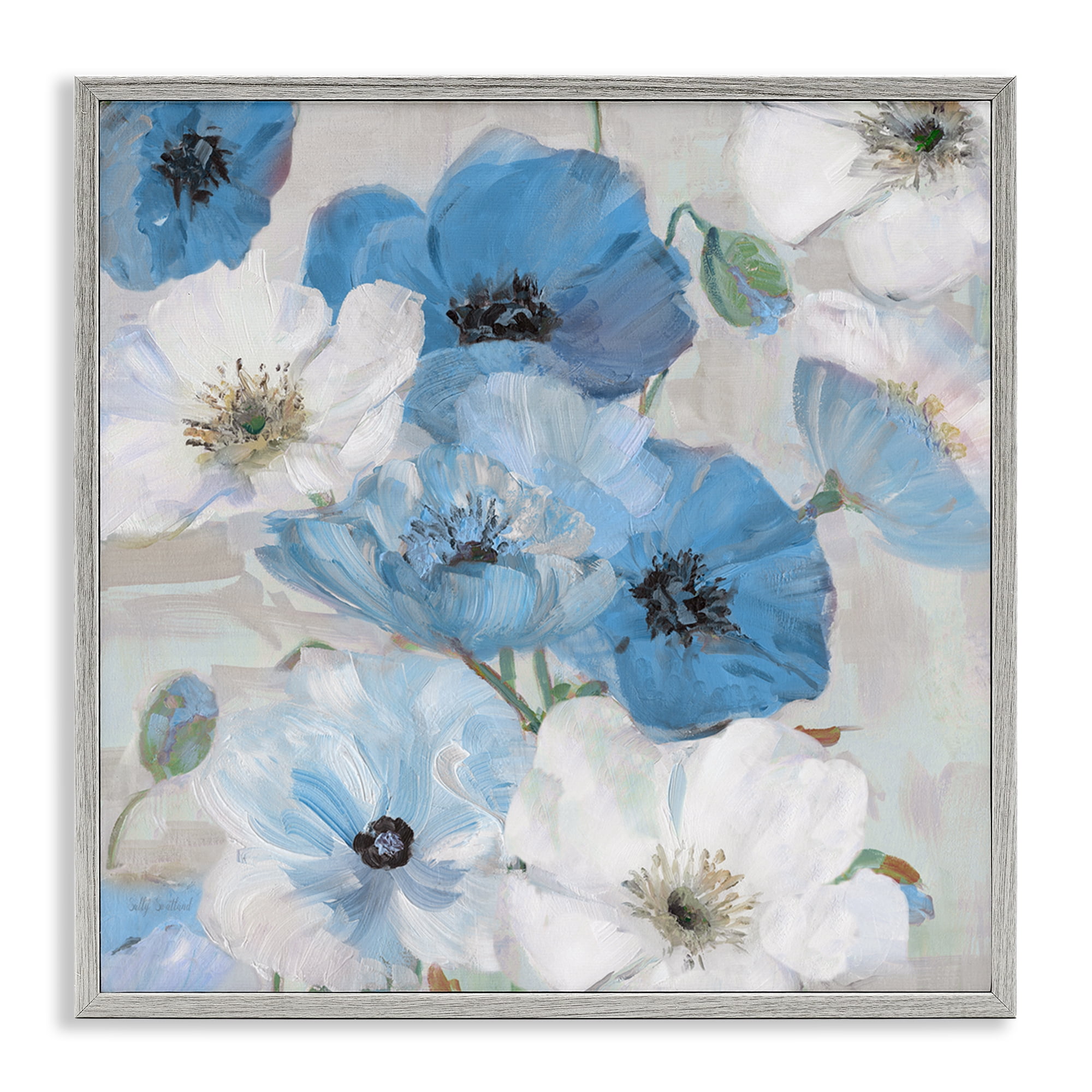 Stupell Industries Mixed Blue & White Blooms Plants & Flowers Painting Gray Framed Art Print Wall Art, 17 x 17