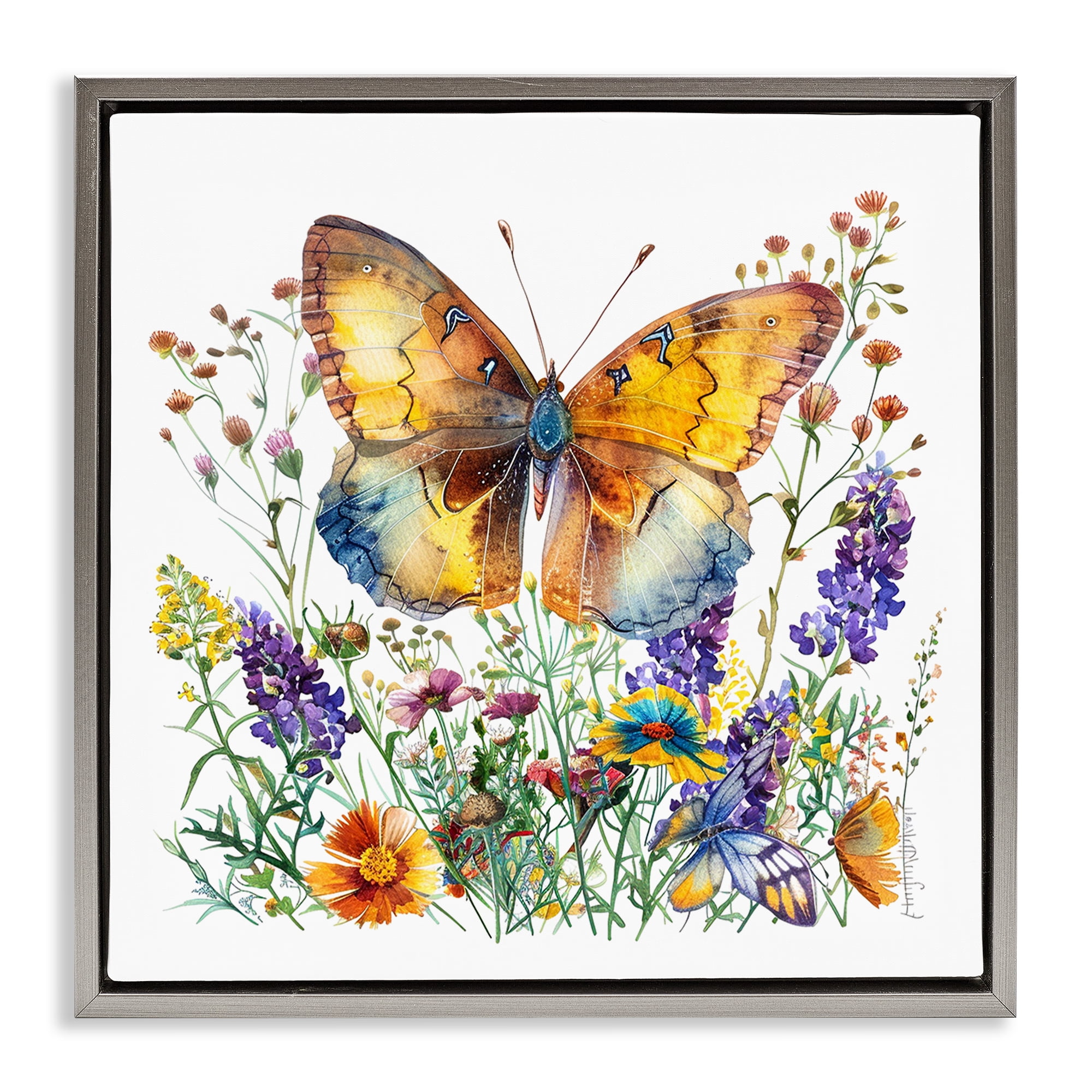 Stupell Industries Mixed Butterfly Garden Insects Painting Gray Floater Framed Canvas Art Print Wall Art, 18 x 18