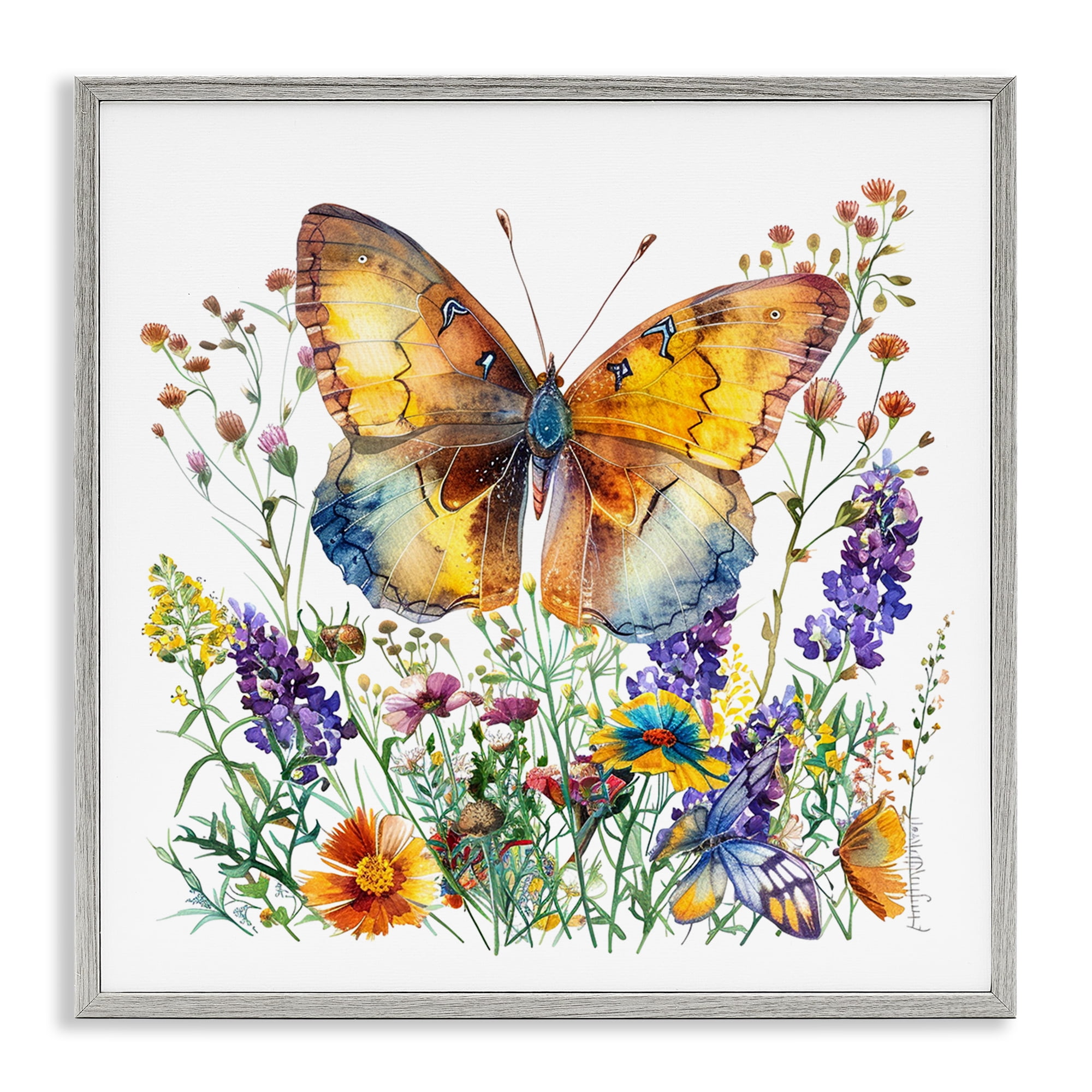 Stupell Industries Mixed Butterfly Garden Insects Painting Gray Framed Art Print Wall Art, 17 x 17