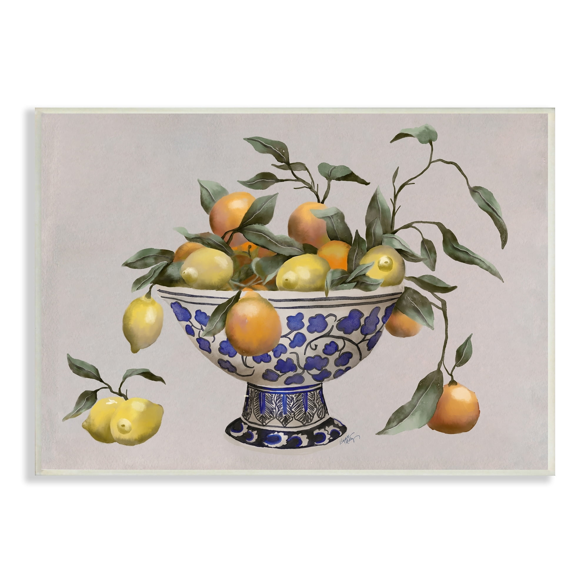 Stupell Industries Mixed Citrus Fruits Leaves Patterned Pottery Bowl Graphic Art Unframed Art Print Wall Art, Design by Elizabeth Medley