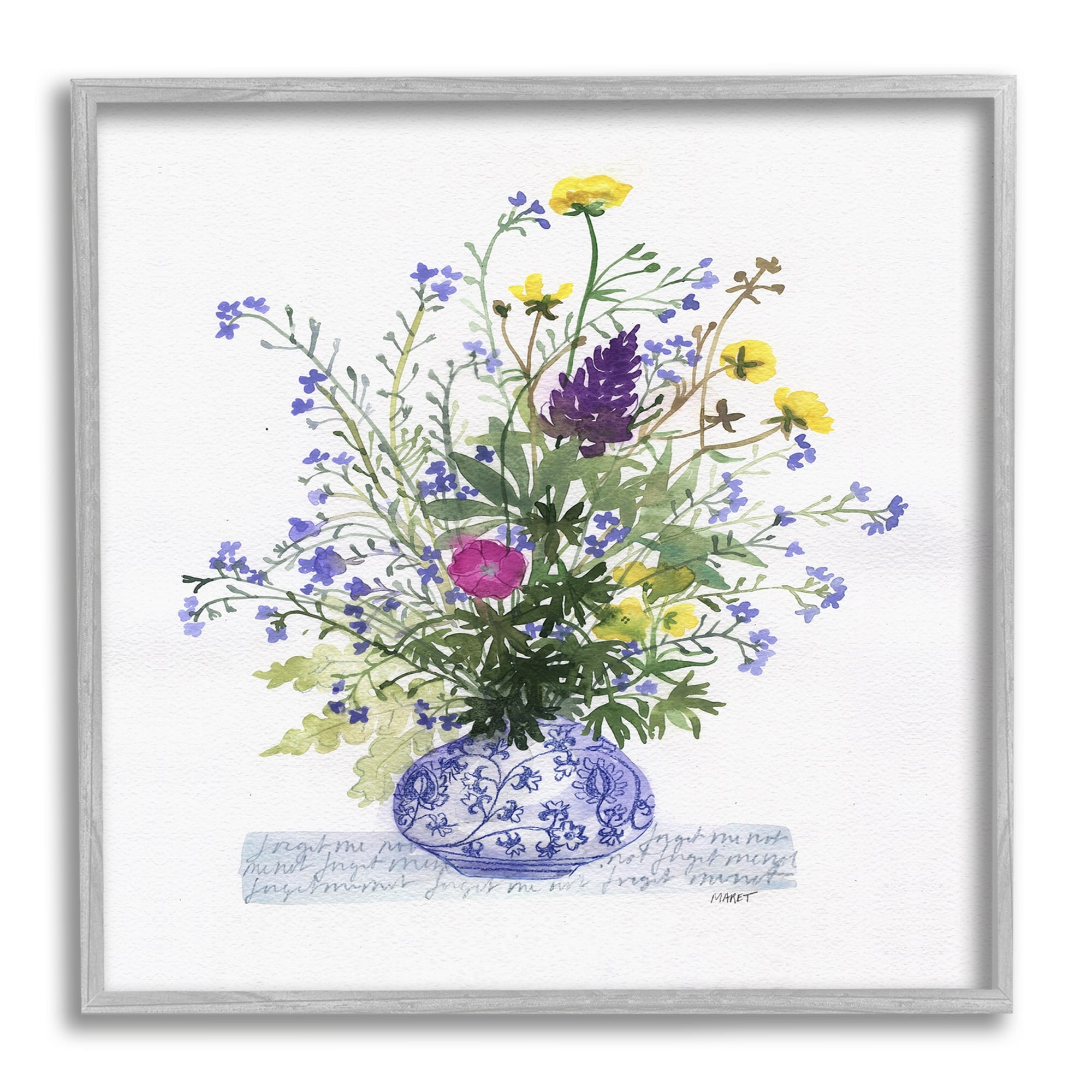 Stupell Industries Mixed Delicate Flowers Arrangement Cursive Words Pattern Painting Gray Framed Art Print Wall Art, Design by unknown