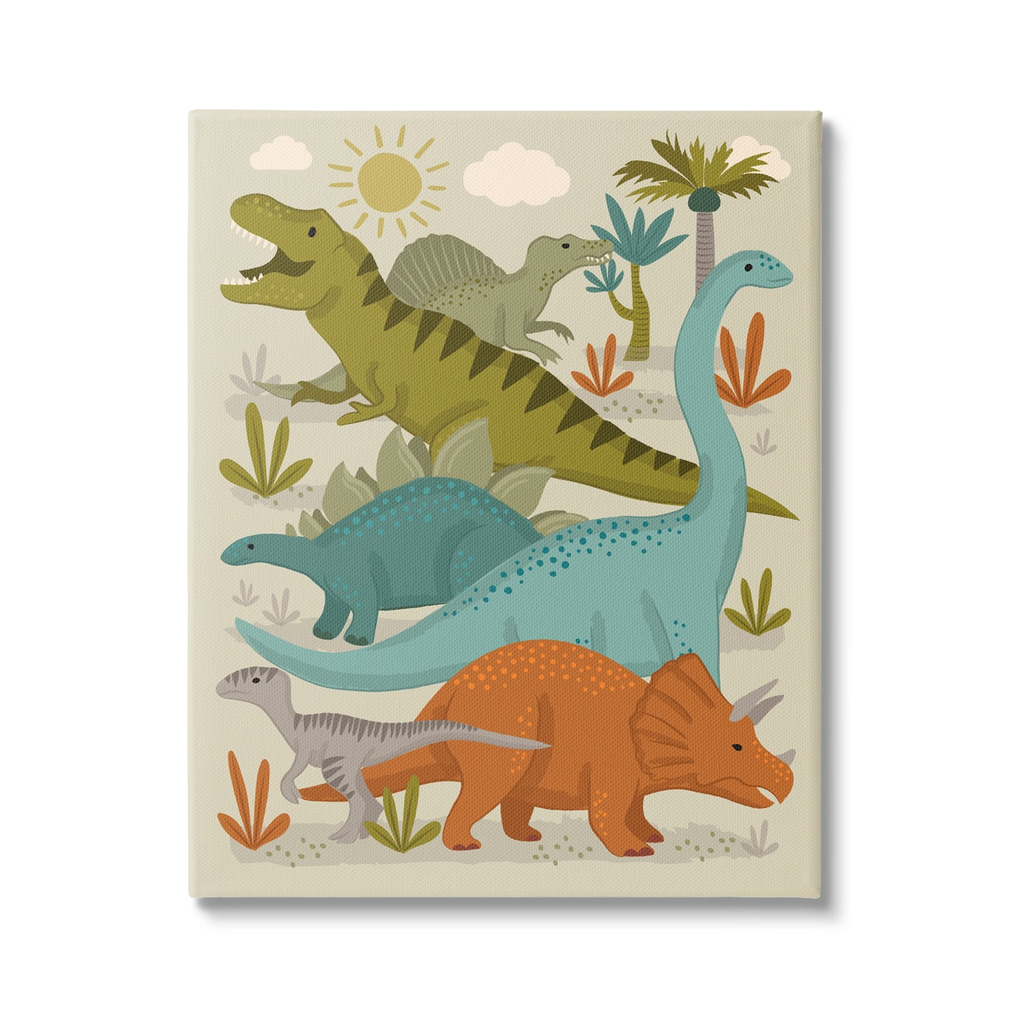 Stupell Industries Mixed Dinosaurs Grazing Wildlife Botanicals Sunny Day Canvas Wall Art, 24 x 30, Design by Lisa Perry Whitebutton