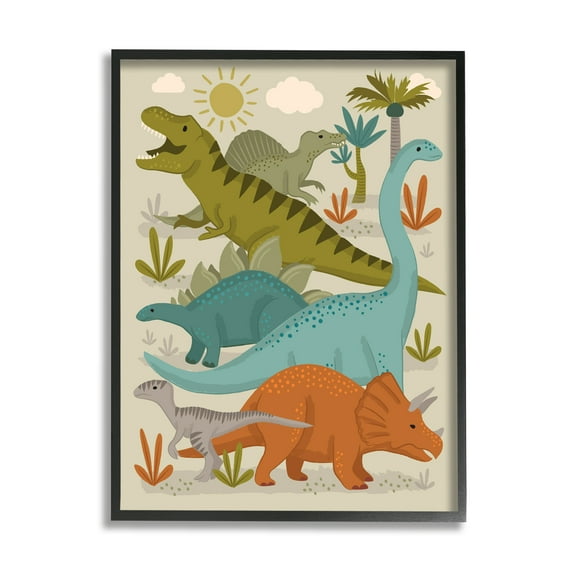 Stupell Industries Mixed Dinosaurs Grazing Wildlife Botanicals Sunny Day Framed Wall Art, 11 x 14, Design by Lisa Perry Whitebutton