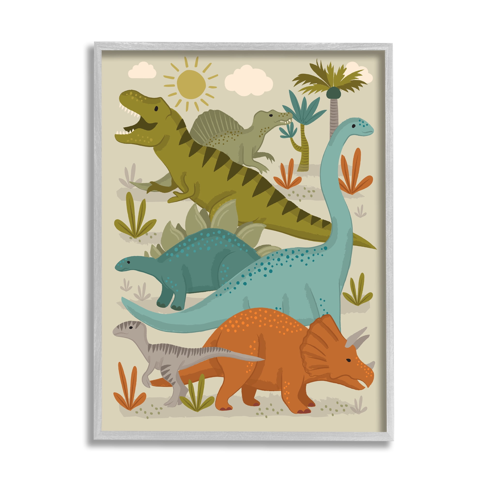 Stupell Industries Mixed Dinosaurs Grazing Wildlife Botanicals Sunny Day Framed Wall Art, 16 x 20, Design by Lisa Perry Whitebutton