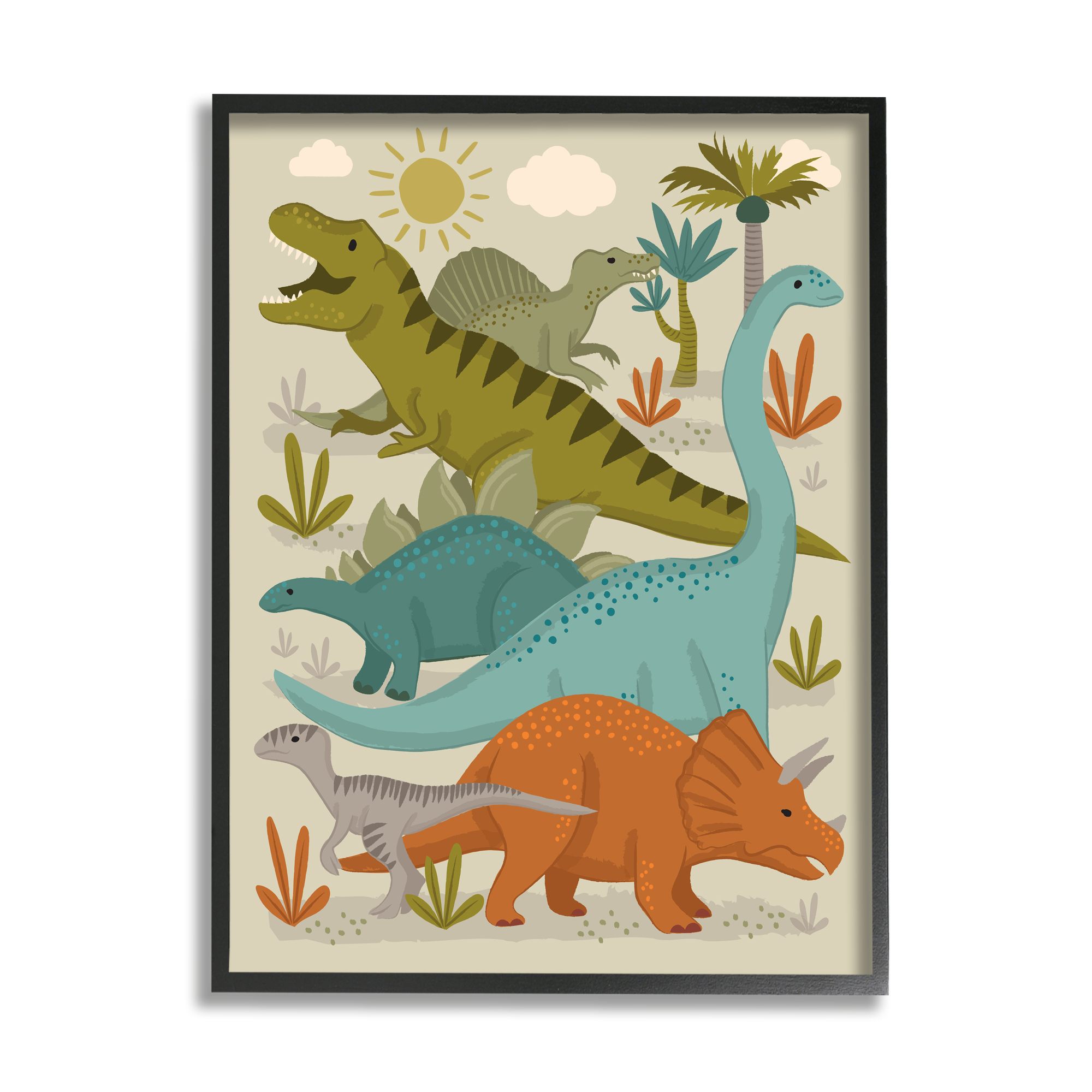 Stupell Industries Mixed Dinosaurs Grazing Wildlife Botanicals Sunny Day Framed Wall Art, 16 x 20, Design by Lisa Perry Whitebutton