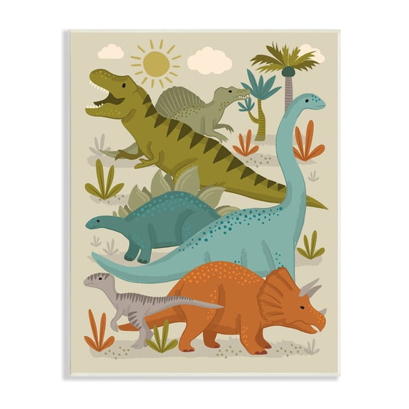 Stupell Industries Mixed Dinosaurs Grazing Wildlife Botanicals Sunny Day Wood Wall Art, 10 x 15, Design by Lisa Perry Whitebutton