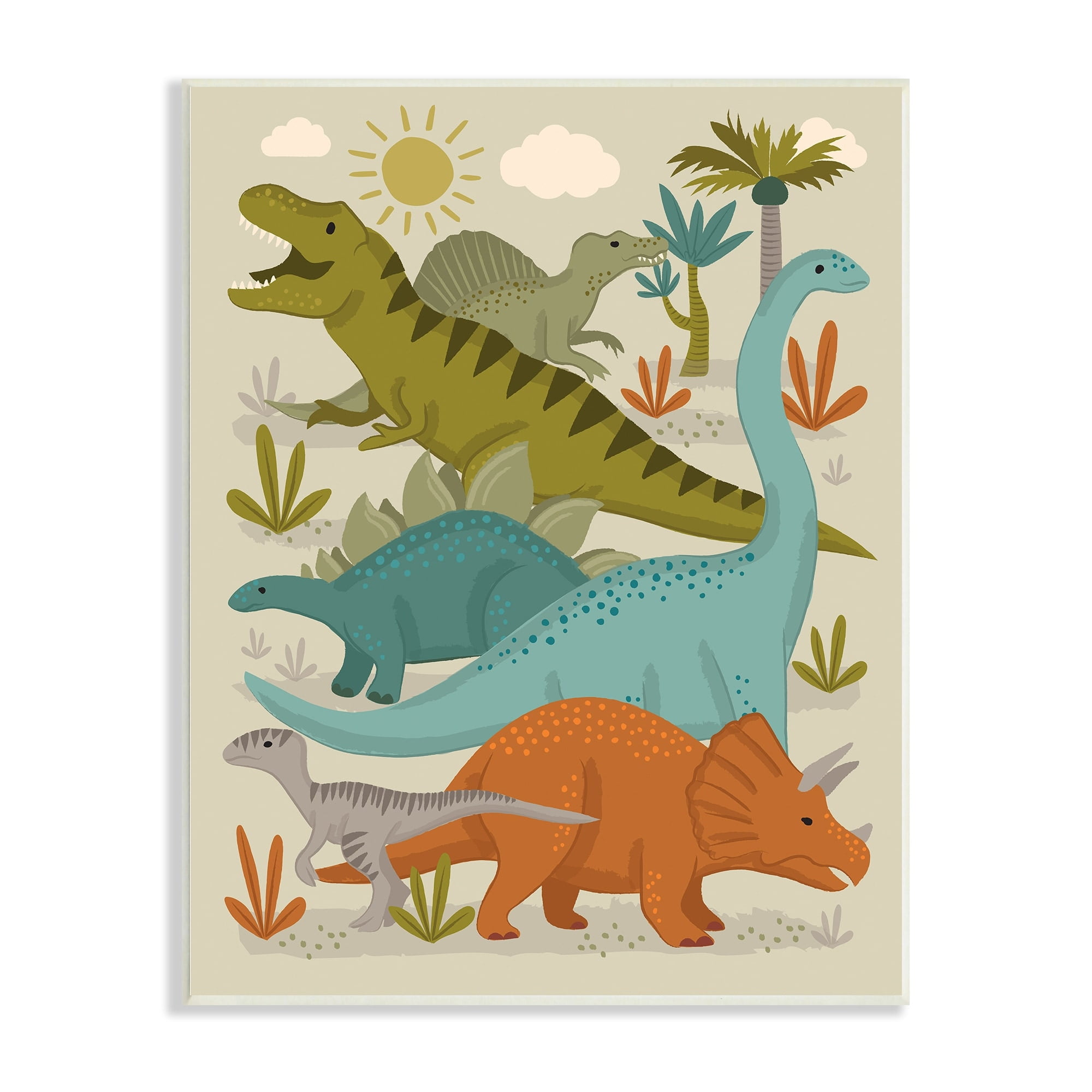 Stupell Industries Mixed Dinosaurs Grazing Wildlife Botanicals Sunny Day Wood Wall Art, 13 x 19, Design by Lisa Perry Whitebutton