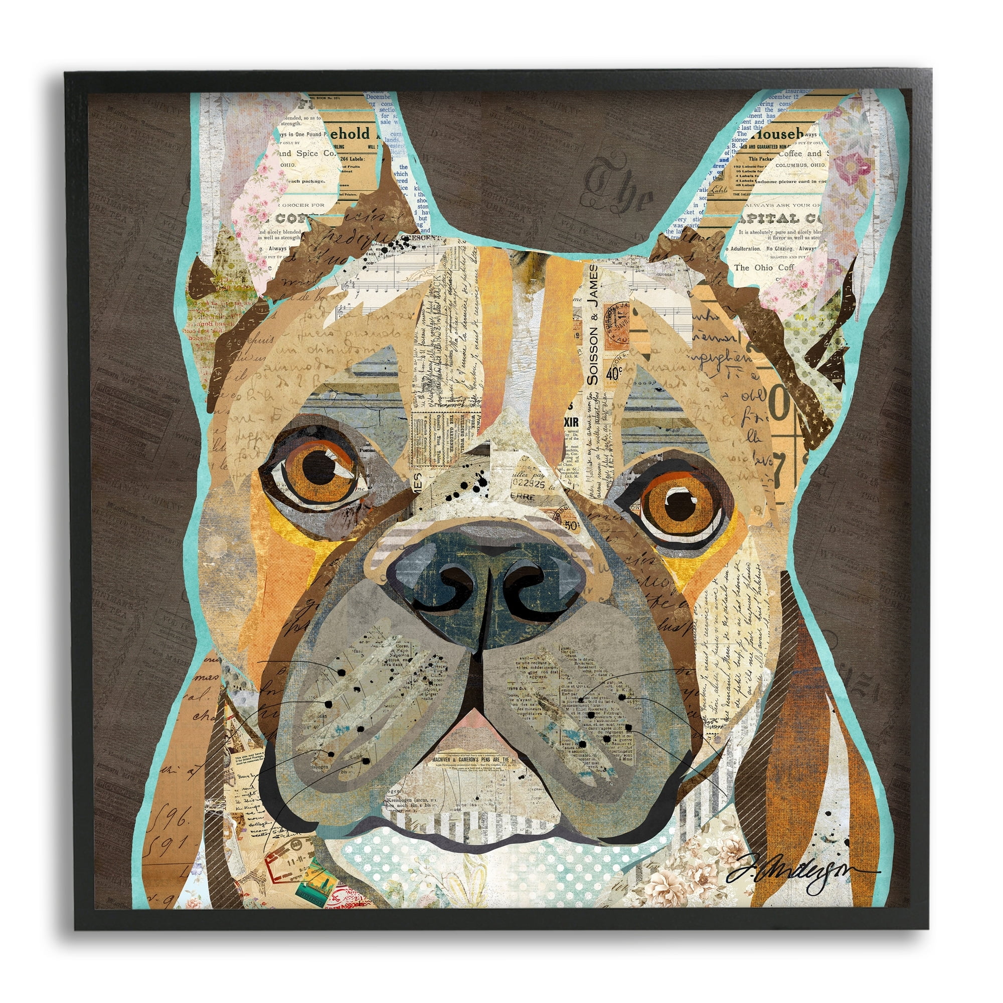 Stupell Industries Mixed Ephemera Animal Collage French Bulldog Portrait Graphic Art Black Framed Art Print Wall Art, Design by Traci Anderson