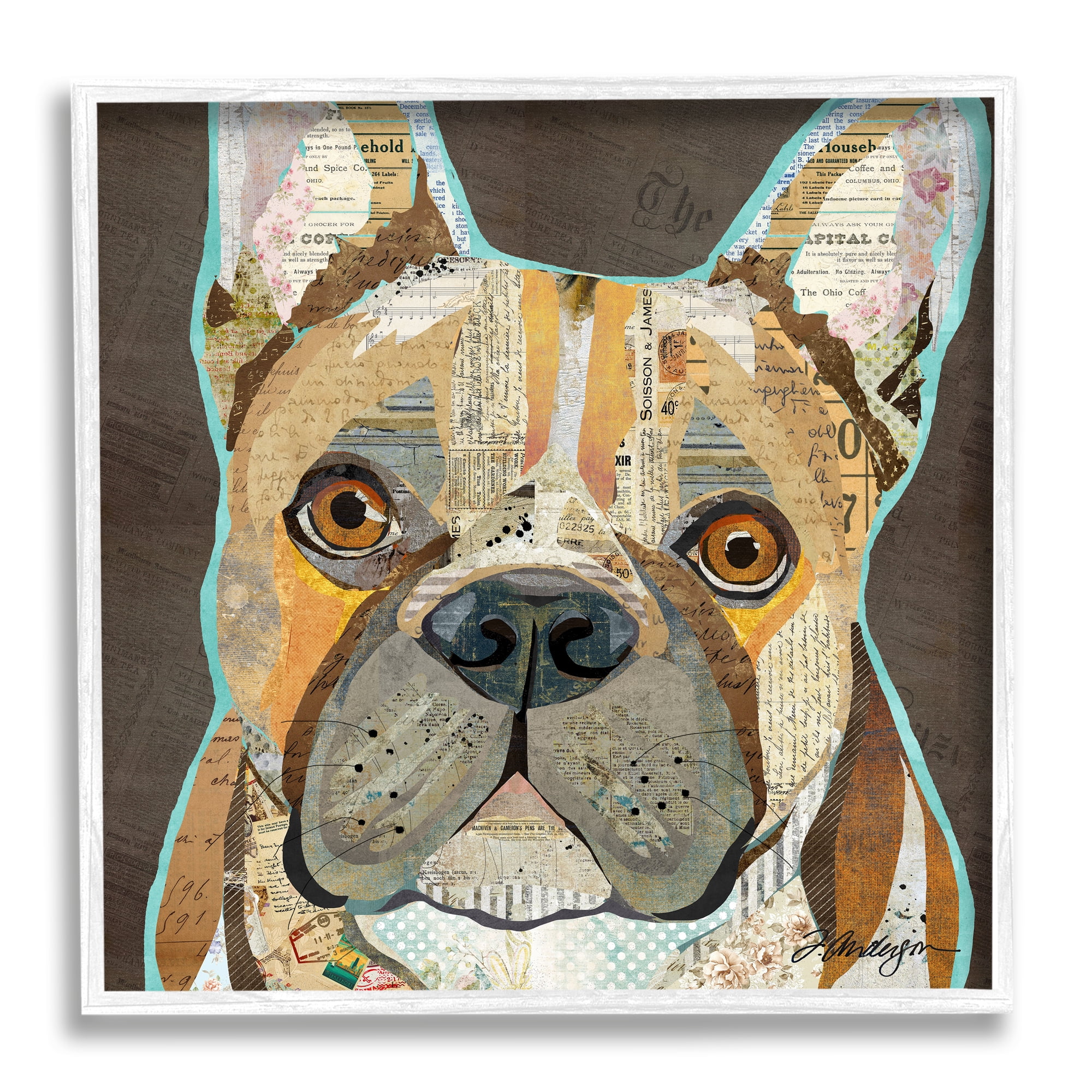 Stupell Industries Mixed Ephemera Animal Collage French Bulldog Portrait Graphic Art White Framed Art Print Wall Art, Design by Traci Anderson