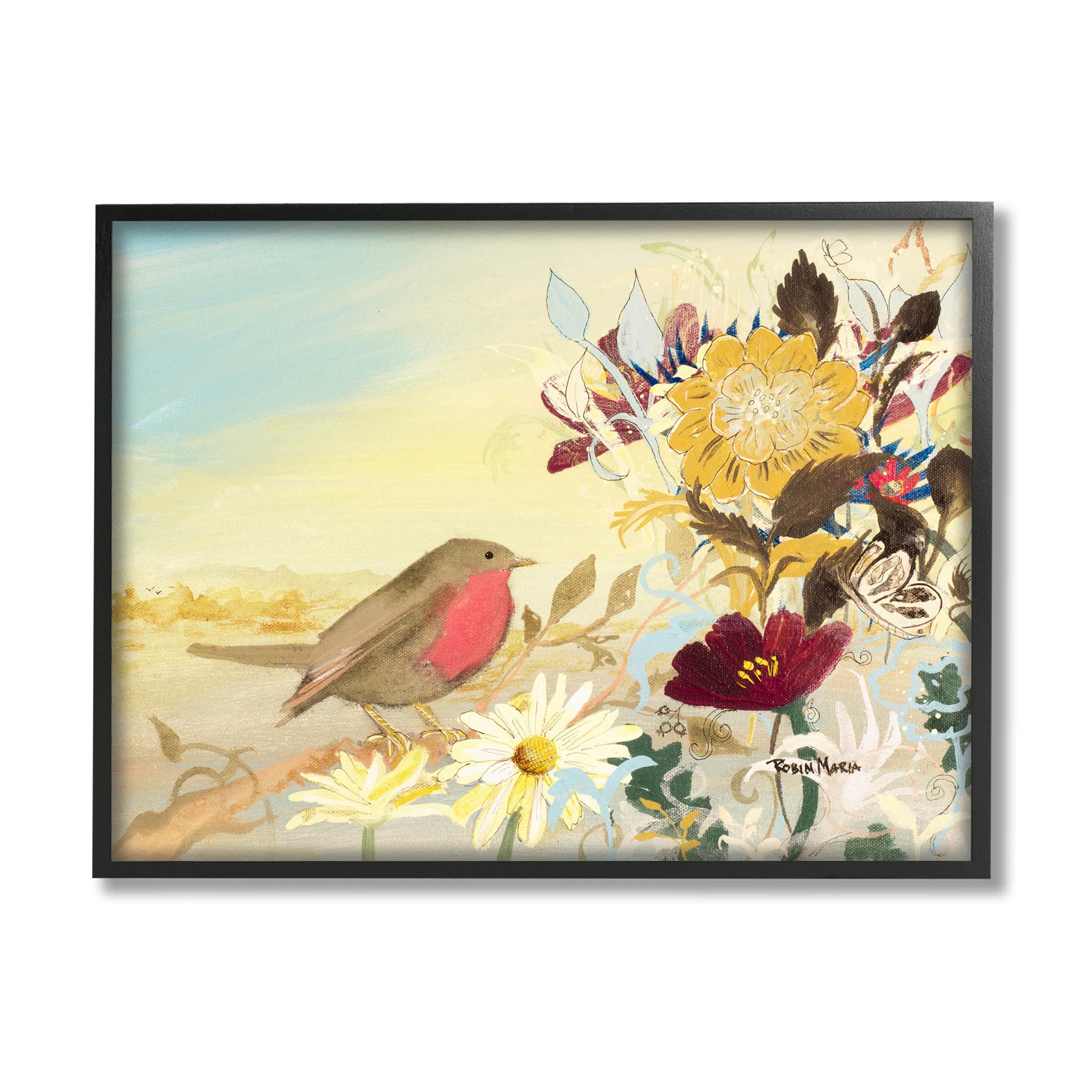 Stupell Industries Mixed Floral Bird Arrangement Painting Black Framed Art Print Wall Art, Design by Robin Maria