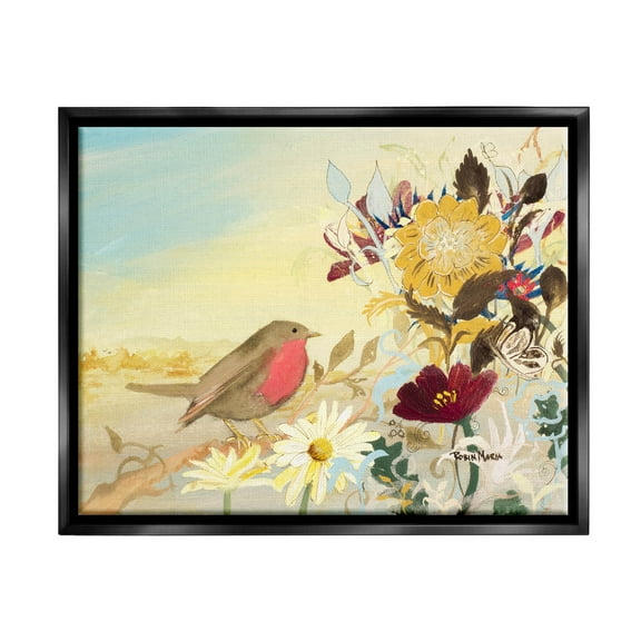 Stupell Industries Mixed Floral Bird Arrangement Painting Jet Black Floating Framed Canvas Print Wall Art, Design by Robin Maria