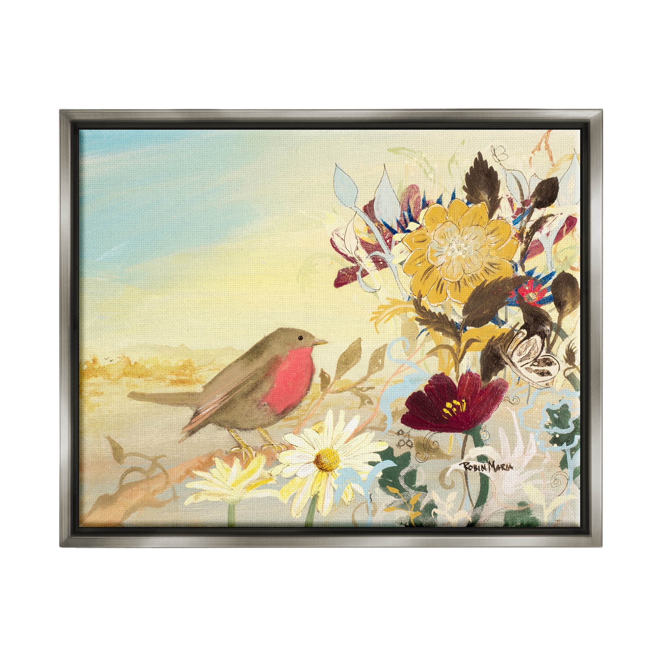 Stupell Industries Mixed Floral Bird Arrangement Painting Luster Gray Floating Framed Canvas Print Wall Art, Design by Robin Maria