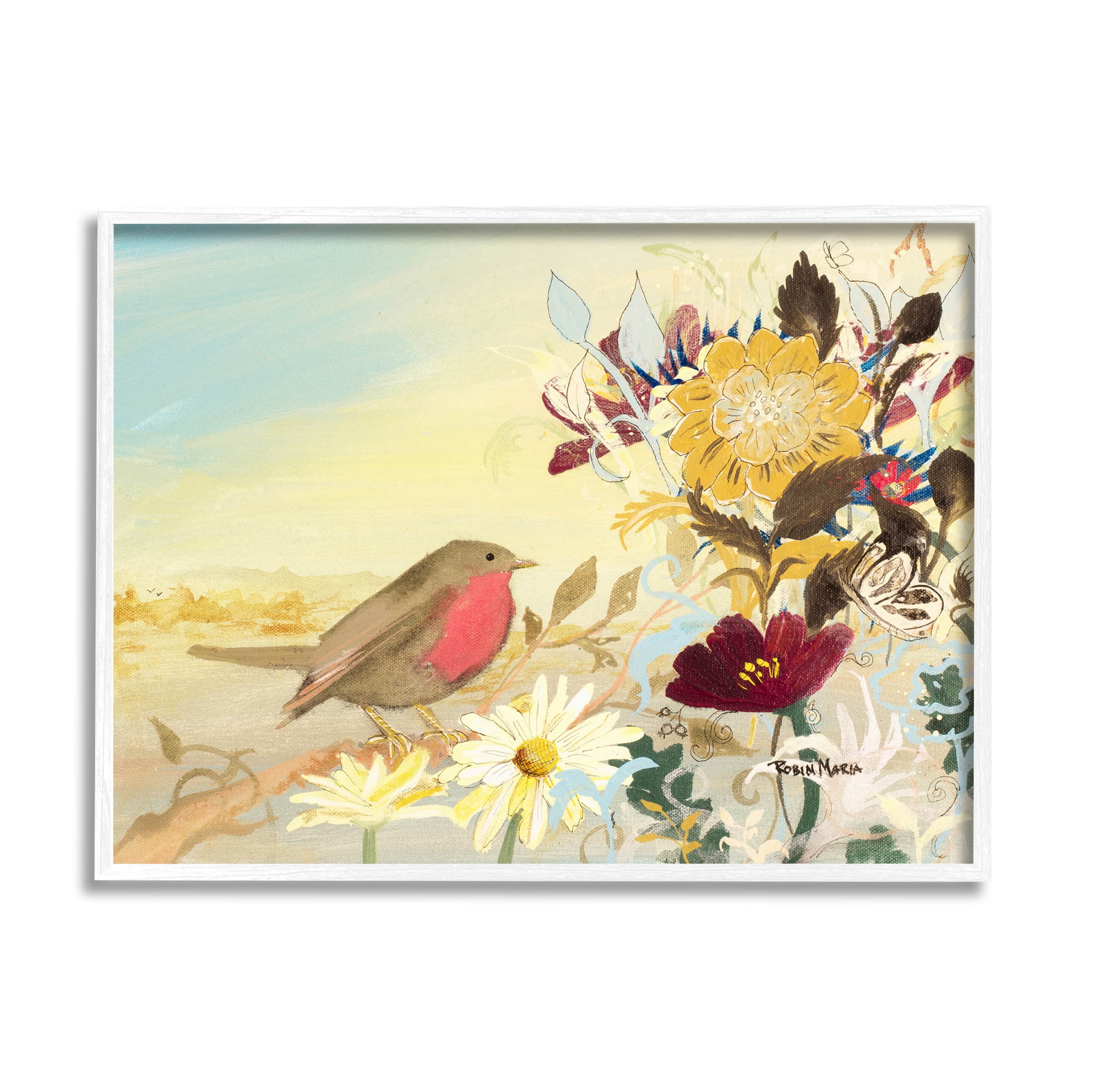 Stupell Industries Mixed Floral Bird Arrangement Painting White Framed Art Print Wall Art, Design by Robin Maria
