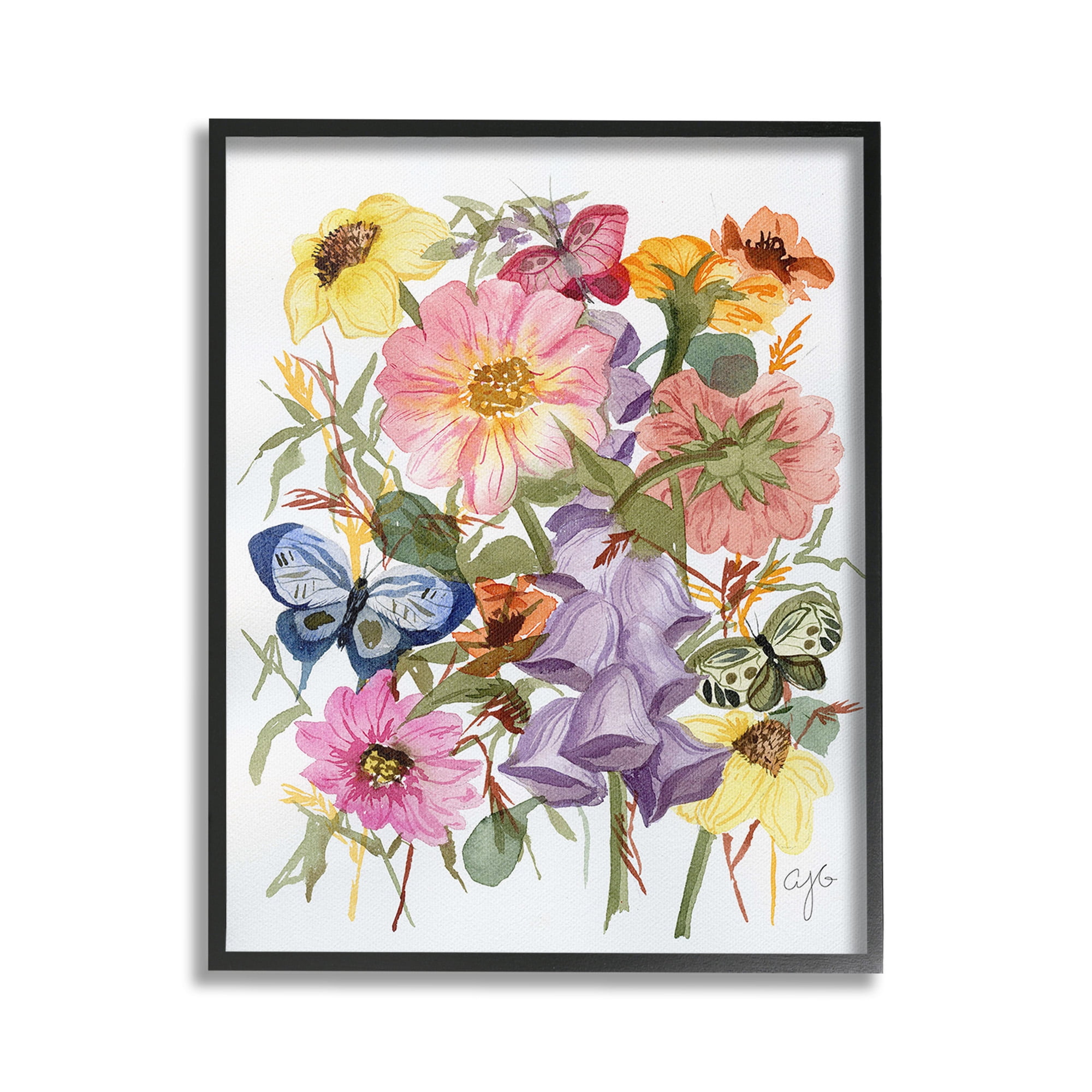 Stupell Industries Mixed Florals & Butterflies Botanical & Floral Painting Black Framed Art Print Wall Art, 24 x 30