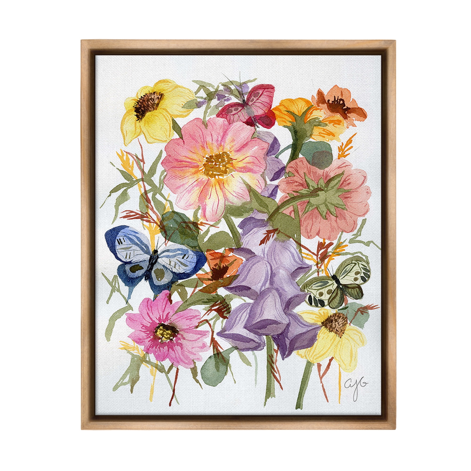 Stupell Industries Mixed Florals & Butterflies Botanical & Floral Painting Brown Floater Framed Canvas Art Print Wall Art, 25 x 31