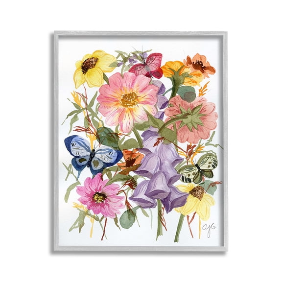 Stupell Industries Mixed Florals & Butterflies Botanical & Floral Painting Gray Framed Art Print Wall Art, 11 x 14