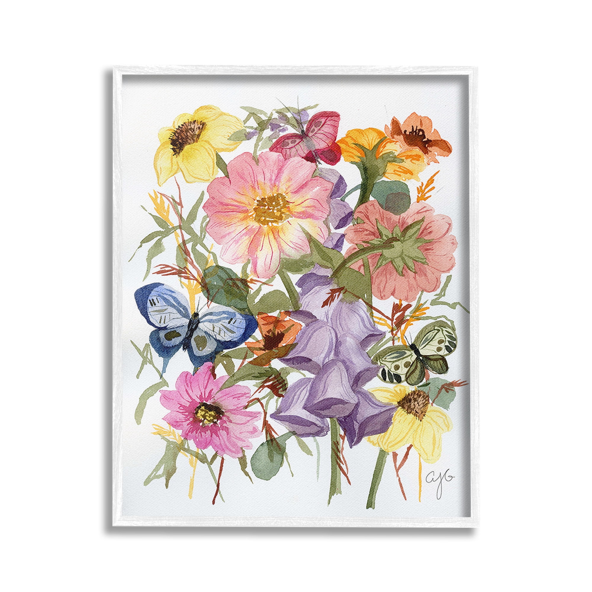 Stupell Industries Mixed Florals & Butterflies Botanical & Floral Painting White Framed Art Print Wall Art, 16 x 20