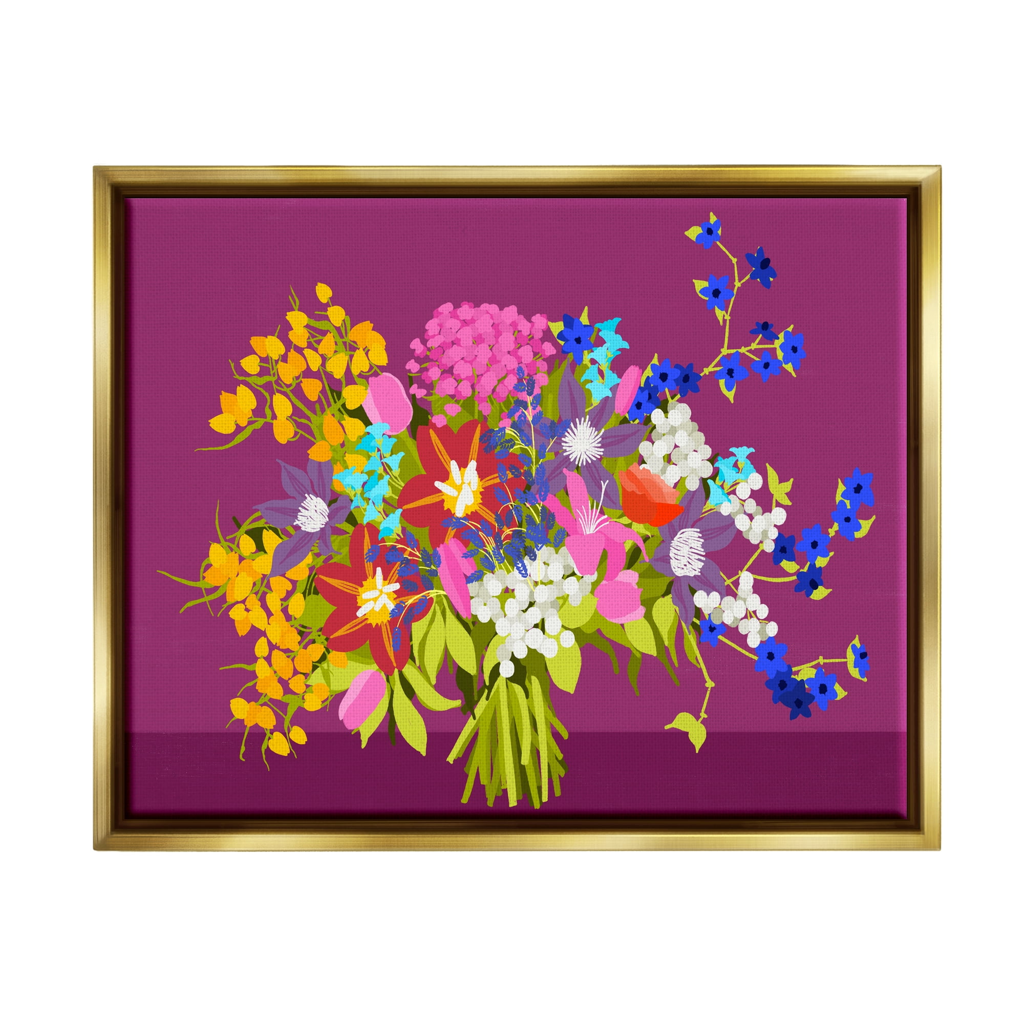 Stupell Industries Mixed Florals on Purple Botanical & Floral Painting Gold Floater Framed Canvas Art Print Wall Art, 31 x 25