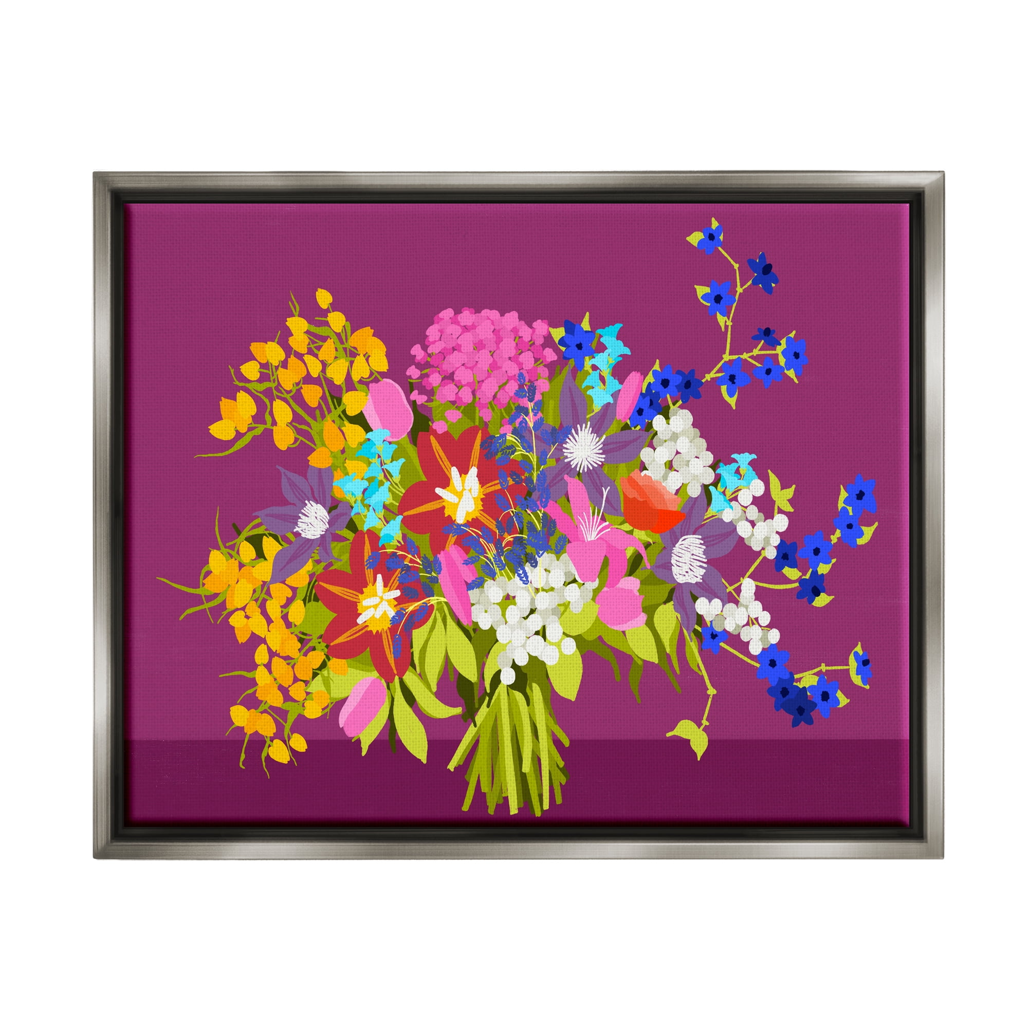 Stupell Industries Mixed Florals on Purple Botanical & Floral Painting Gray Floater Framed Canvas Art Print Wall Art, 31 x 25