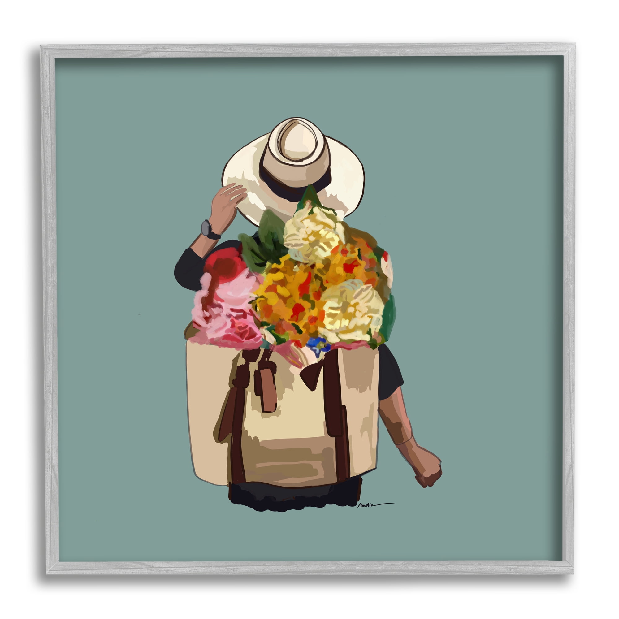 Stupell Industries Mixed Flower Arrangement Backpack Summer Blooms Graphic Art Gray Framed Art Print Wall Art, Design by Amelia Noyes