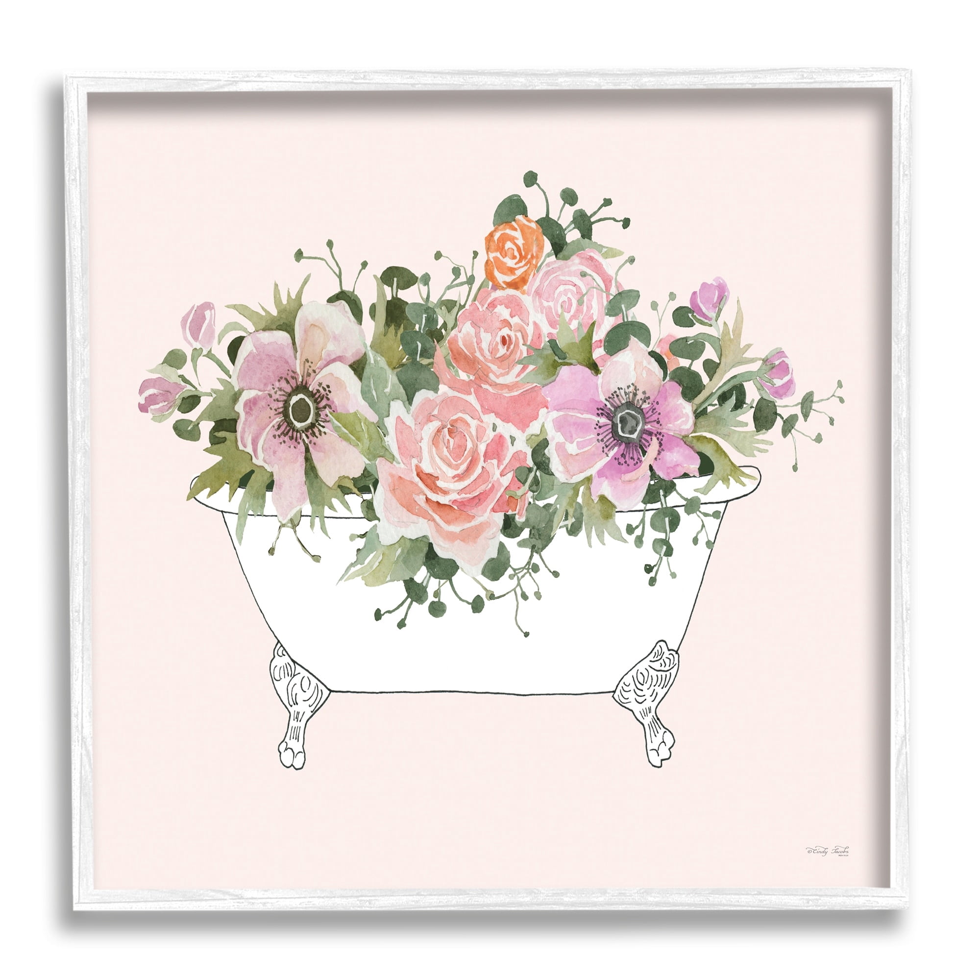 Stupell Industries Mixed Flower Arrangement Bathtub Planter Pink Blossoms Graphic Art White Framed Art Print Wall Art, Design by Cindy Jacobs