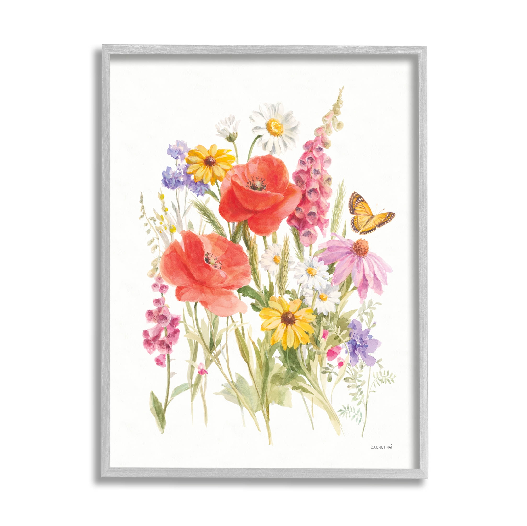 Stupell Industries Mixed Flower Arrangement Butterfly Graphic Art Gray Framed Art Print Wall Art, Design by Danhui Nai
