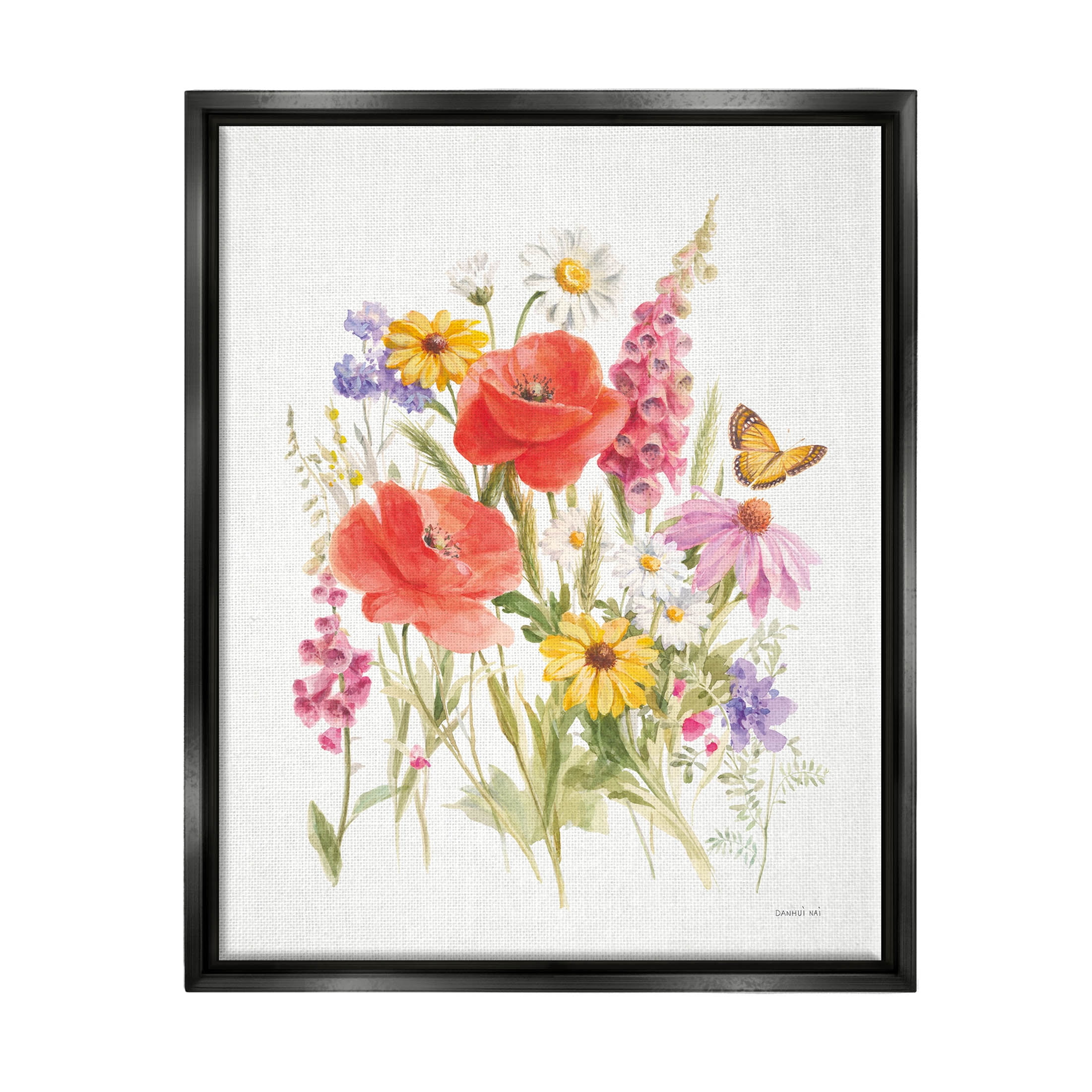 Stupell Industries Mixed Flower Arrangement Butterfly Graphic Art Jet Black Floating Framed Canvas Print Wall Art, Design by Danhui Nai