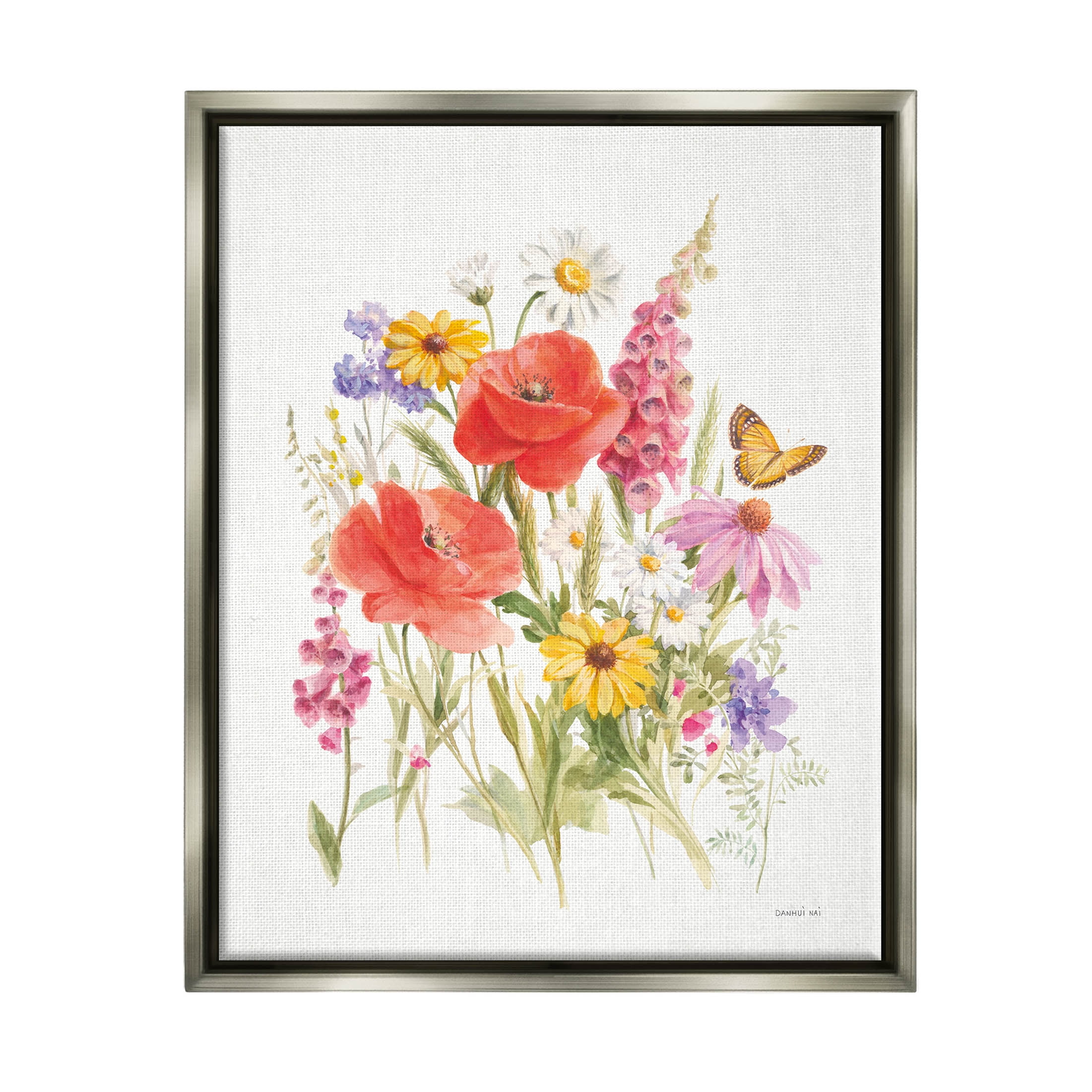 Stupell Industries Mixed Flower Arrangement Butterfly Graphic Art Luster Gray Floating Framed Canvas Print Wall Art, Design by Danhui Nai