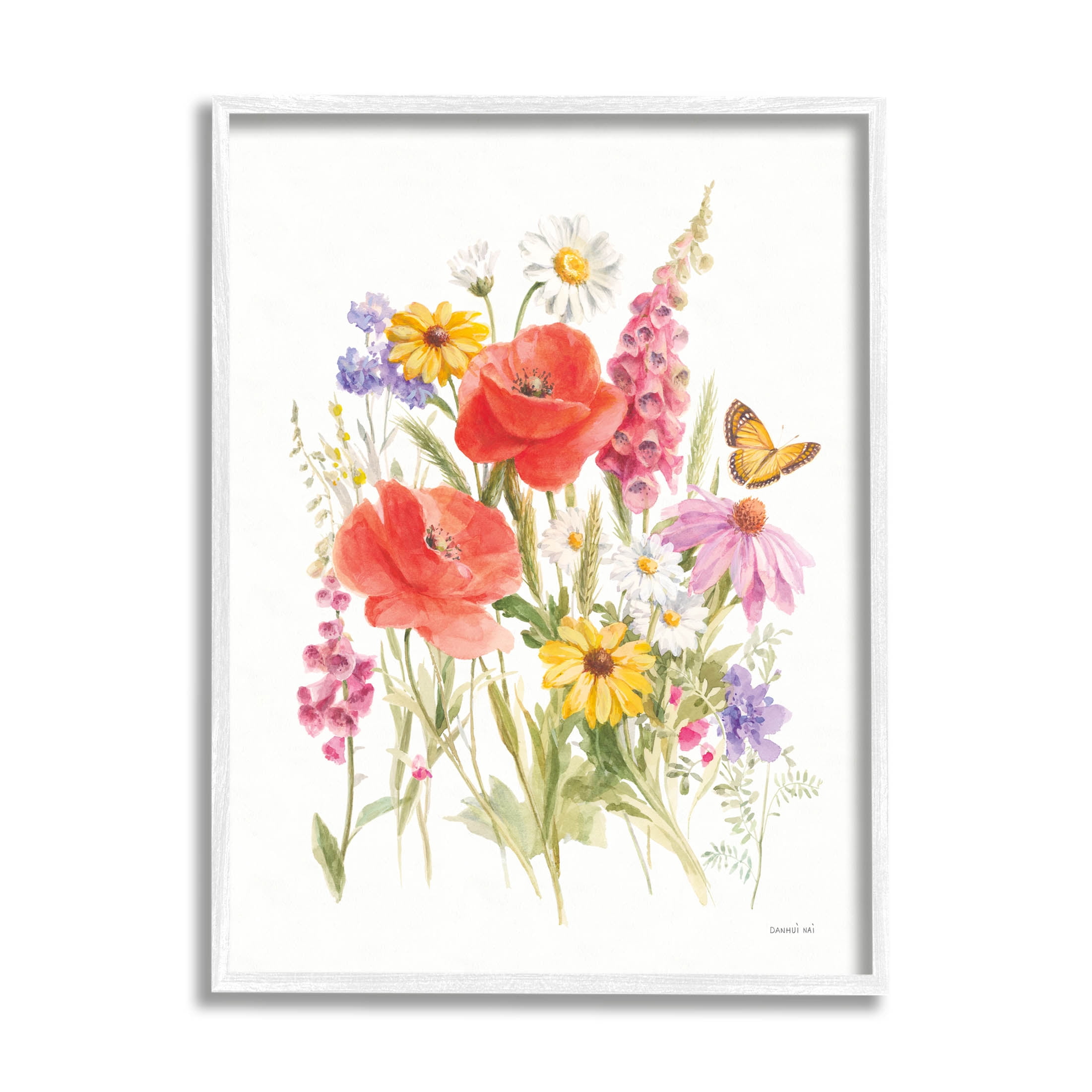Stupell Industries Mixed Flower Arrangement Butterfly Graphic Art White Framed Art Print Wall Art, Design by Danhui Nai