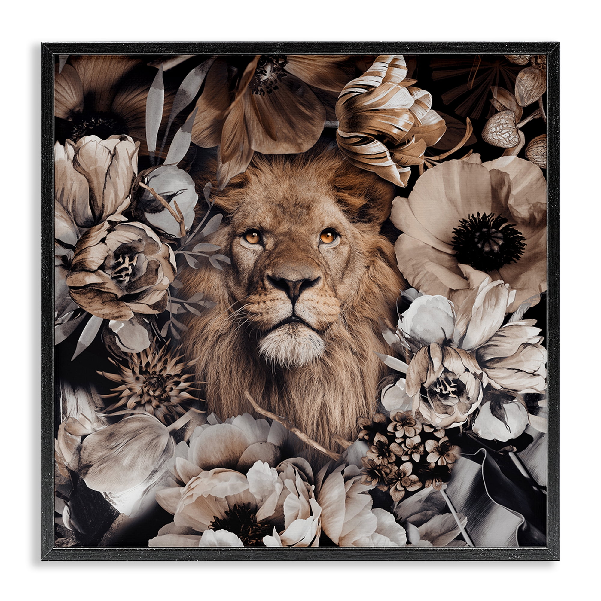 Stupell Industries Mixed Flowers & Lion Plants & Flowers Painting Black Framed Art Print Wall Art, 17 x 17