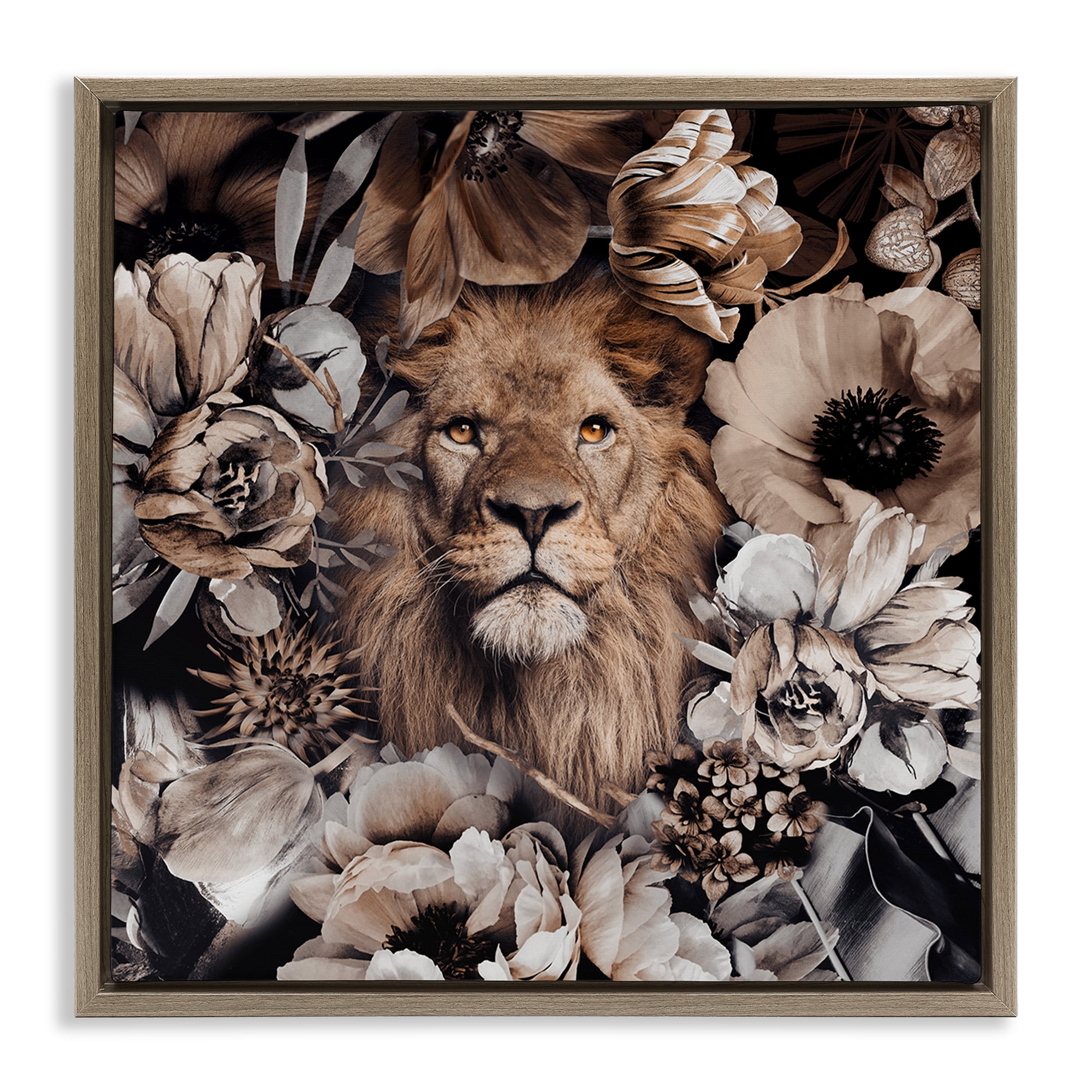 Stupell Industries Mixed Flowers & Lion Plants & Flowers Painting Brown Floater Framed Canvas Art Print Wall Art, 25 x 25
