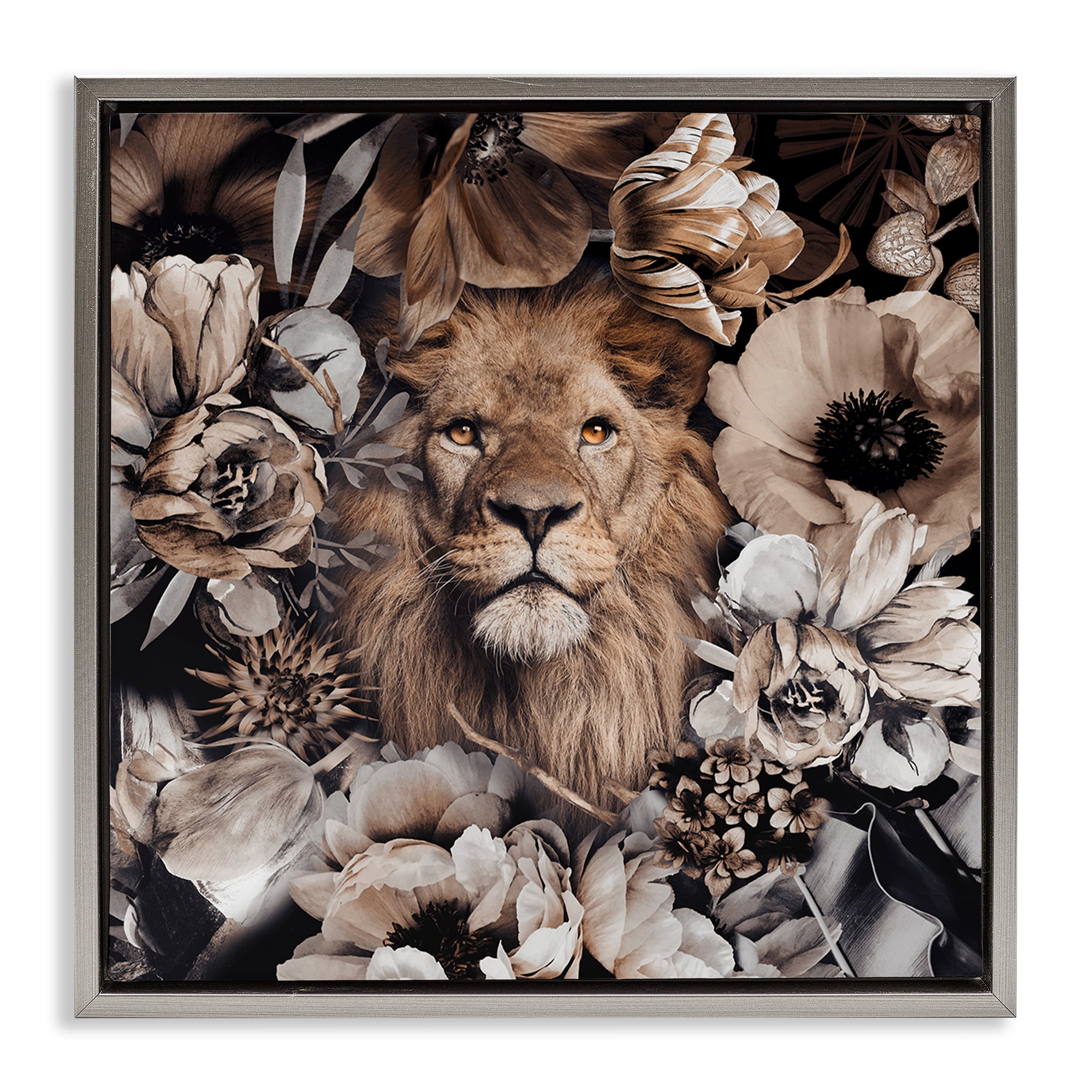 Stupell Industries Mixed Flowers & Lion Plants & Flowers Painting Gray Floater Framed Canvas Art Print Wall Art, 25 x 25