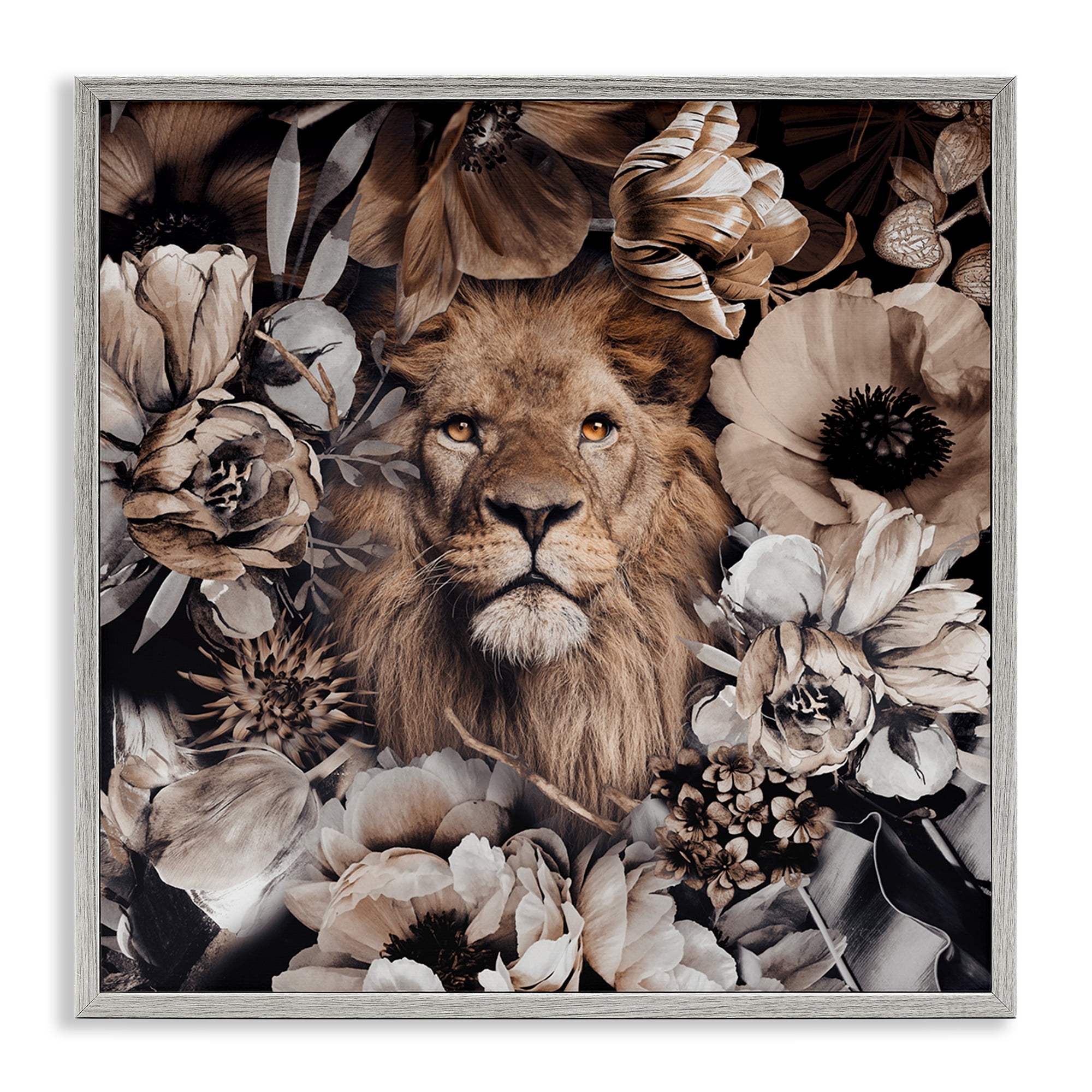 Stupell Industries Mixed Flowers & Lion Plants & Flowers Painting Gray Framed Art Print Wall Art, 17 x 17