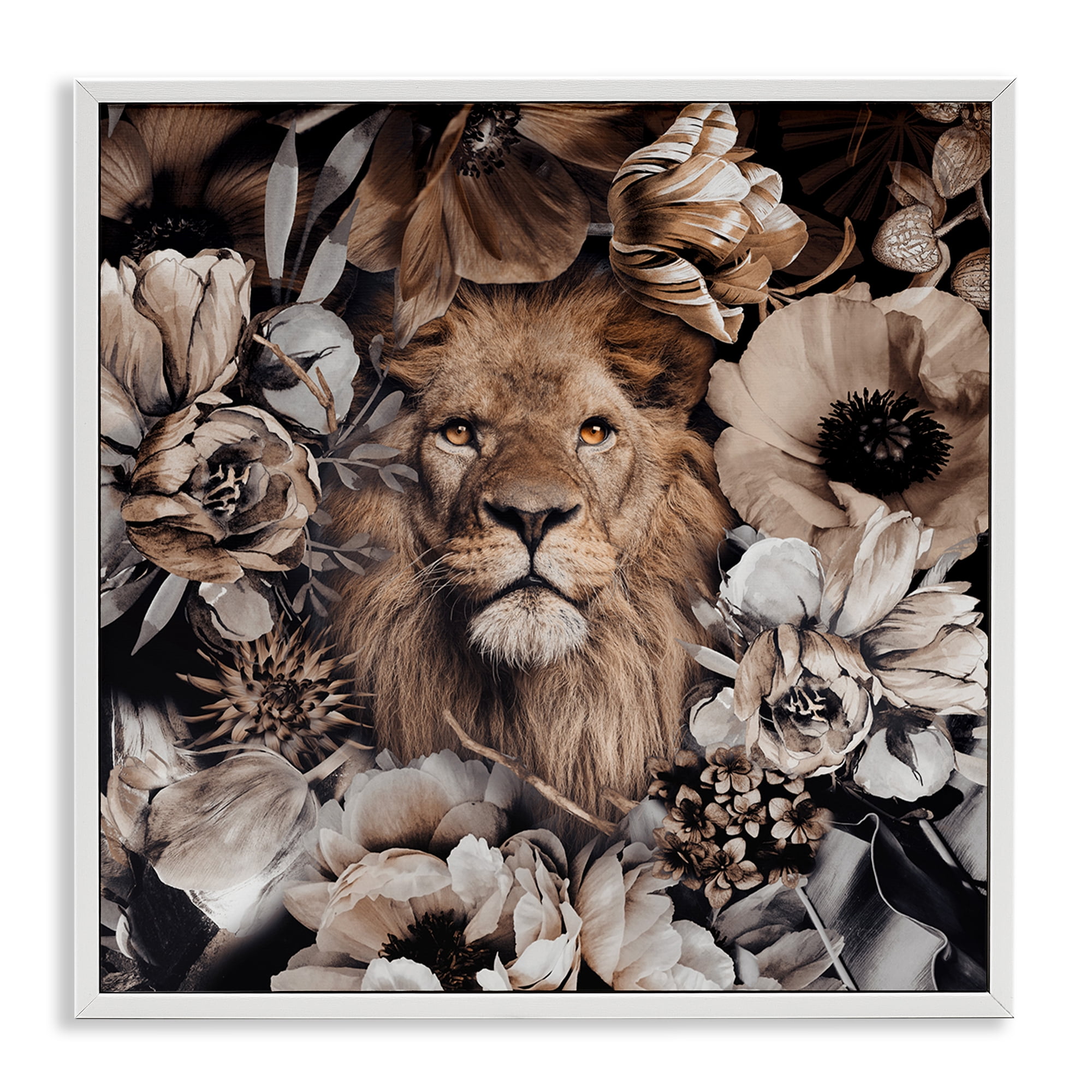 Stupell Industries Mixed Flowers & Lion Plants & Flowers Painting White Framed Art Print Wall Art, 12 x 12