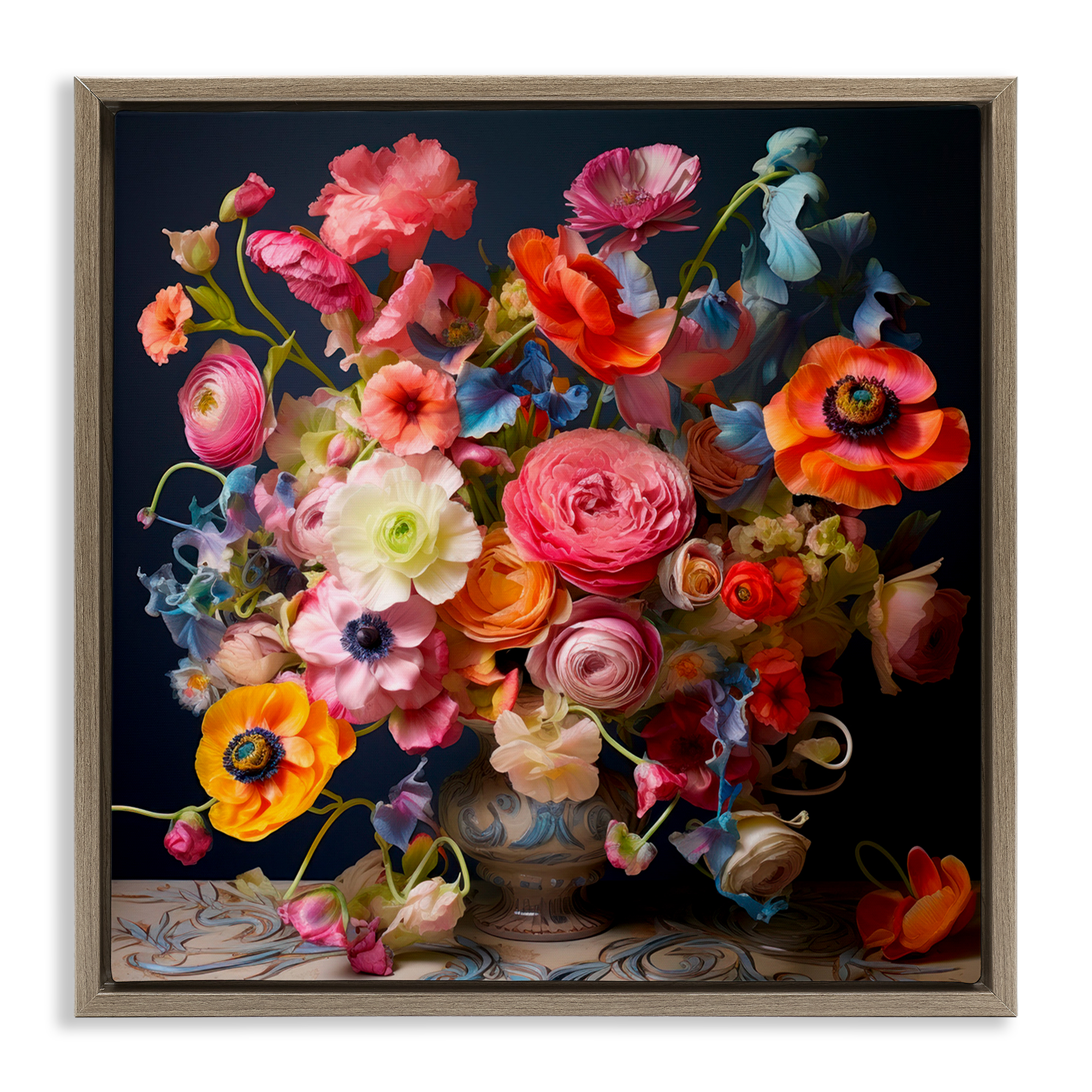 Stupell Industries Mixed Full Bouquet Botanical & Floral Painting Brown Floater Framed Art Print Wall Art, 18 x 18