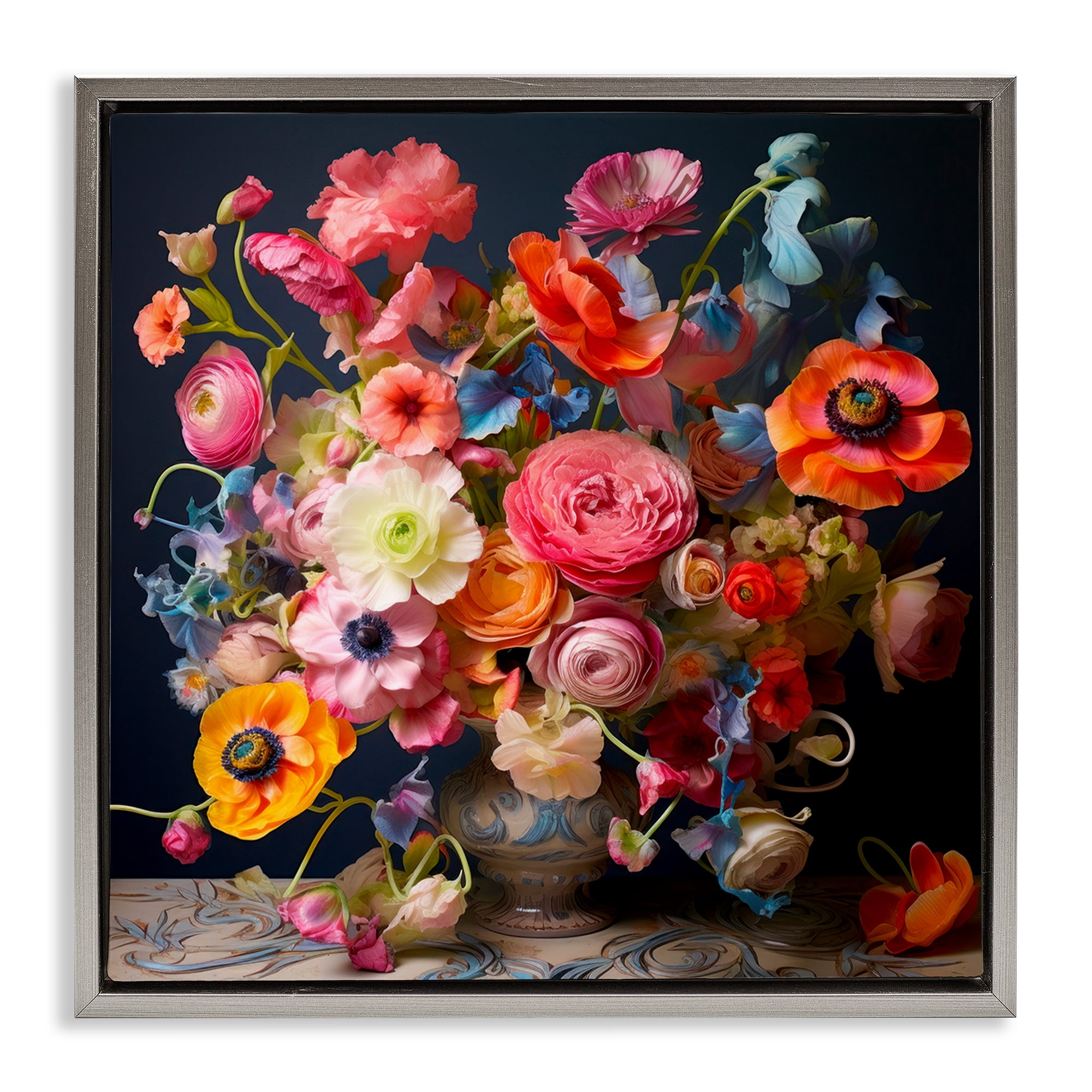 Stupell Industries Mixed Full Bouquet Botanical & Floral Painting Gray Floater Framed Art Print Wall Art, 18 x 18
