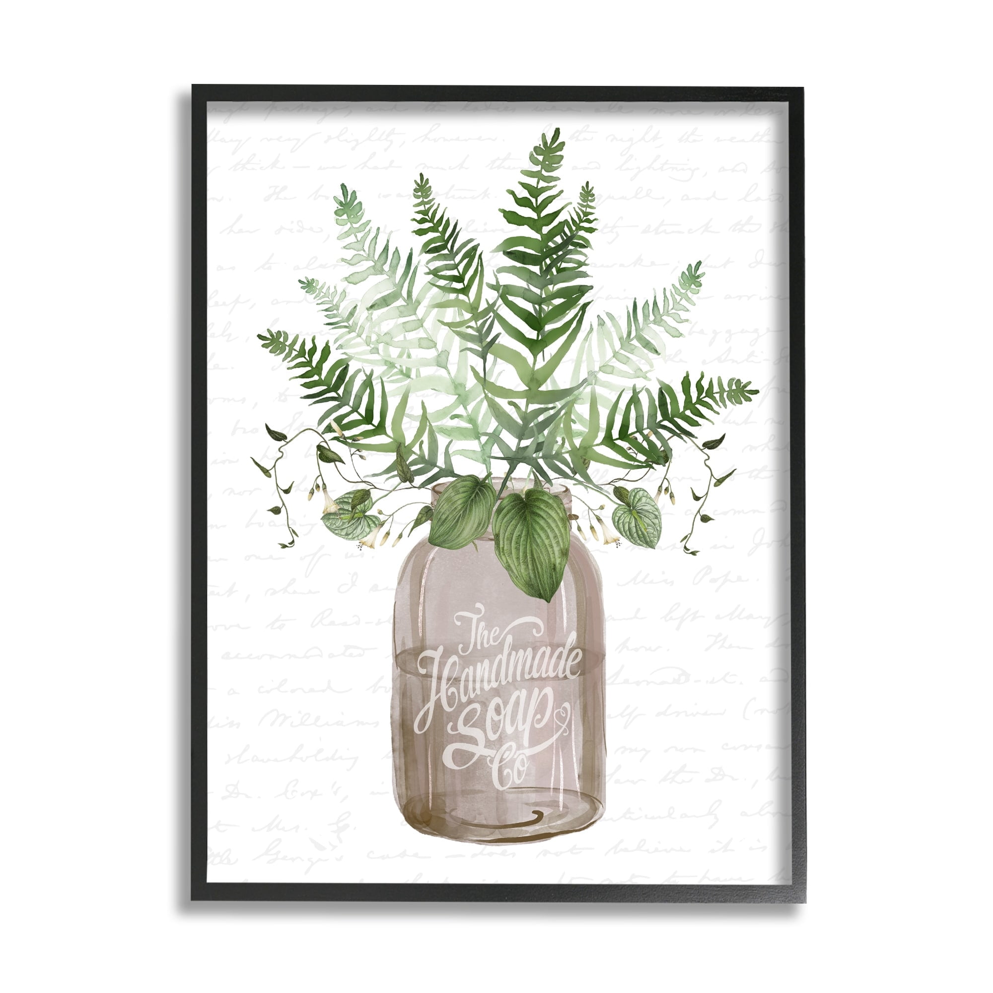 Stupell Industries Mixed Green Leaves Botanical Bouquet Jar Cursive Graphic Art Black Framed Art Print Wall Art, Design by Lettered and Lined