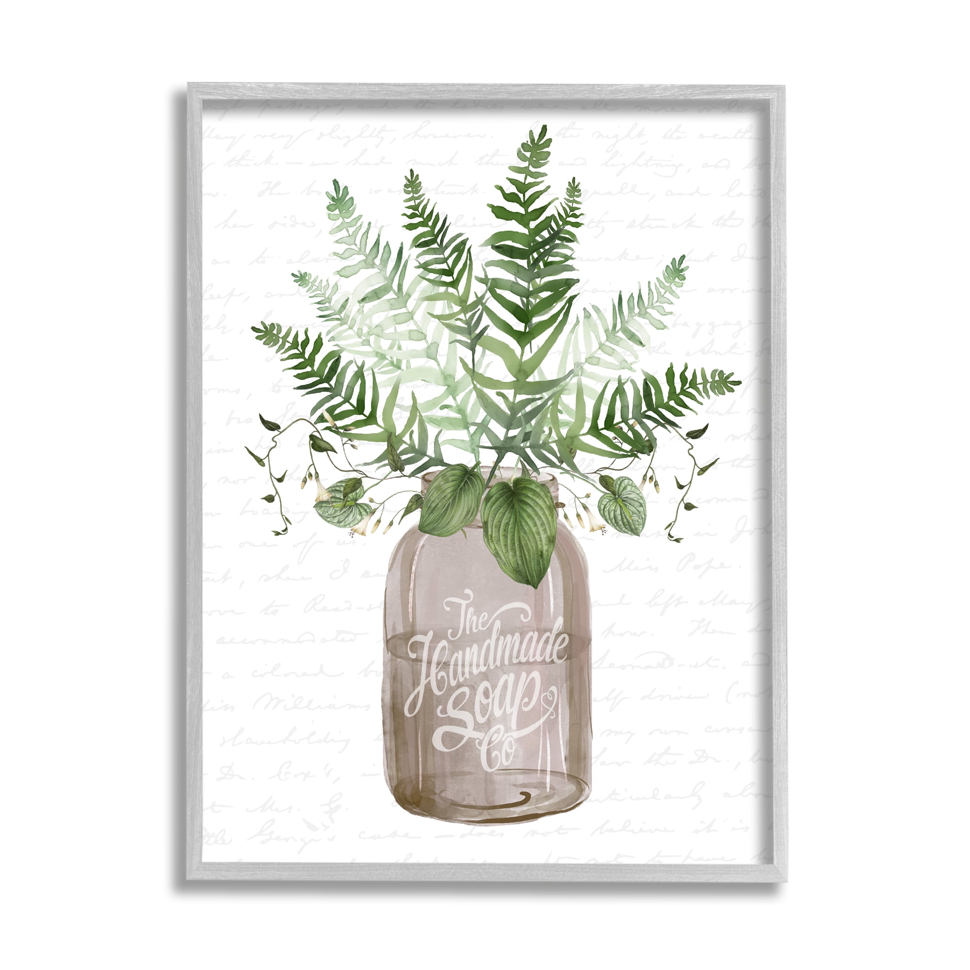 Stupell Industries Mixed Green Leaves Botanical Bouquet Jar Cursive Graphic Art Gray Framed Art Print Wall Art, Design by Lettered and Lined