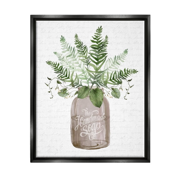 Stupell Industries Mixed Green Leaves Botanical Bouquet Jar Cursive Graphic Art Jet Black Floating Framed Canvas Print Wall Art, Design by Lettered and Lined