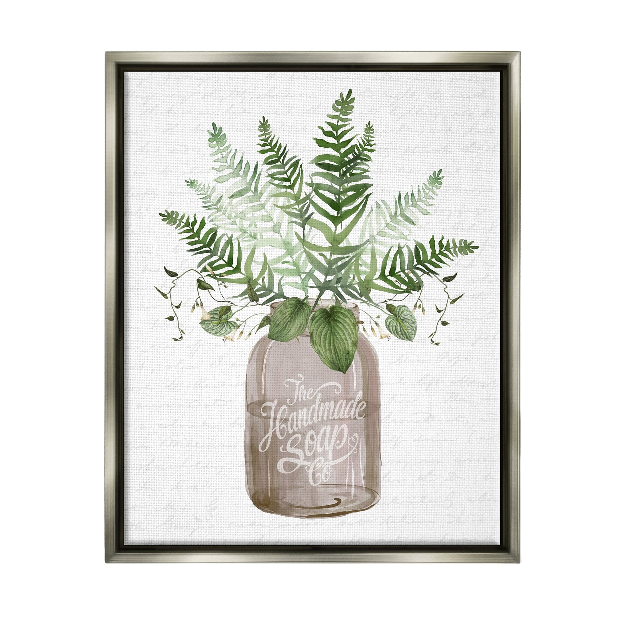 Stupell Industries Mixed Green Leaves Botanical Bouquet Jar Cursive Graphic Art Luster Gray Floating Framed Canvas Print Wall Art, Design by Lettered and Lined