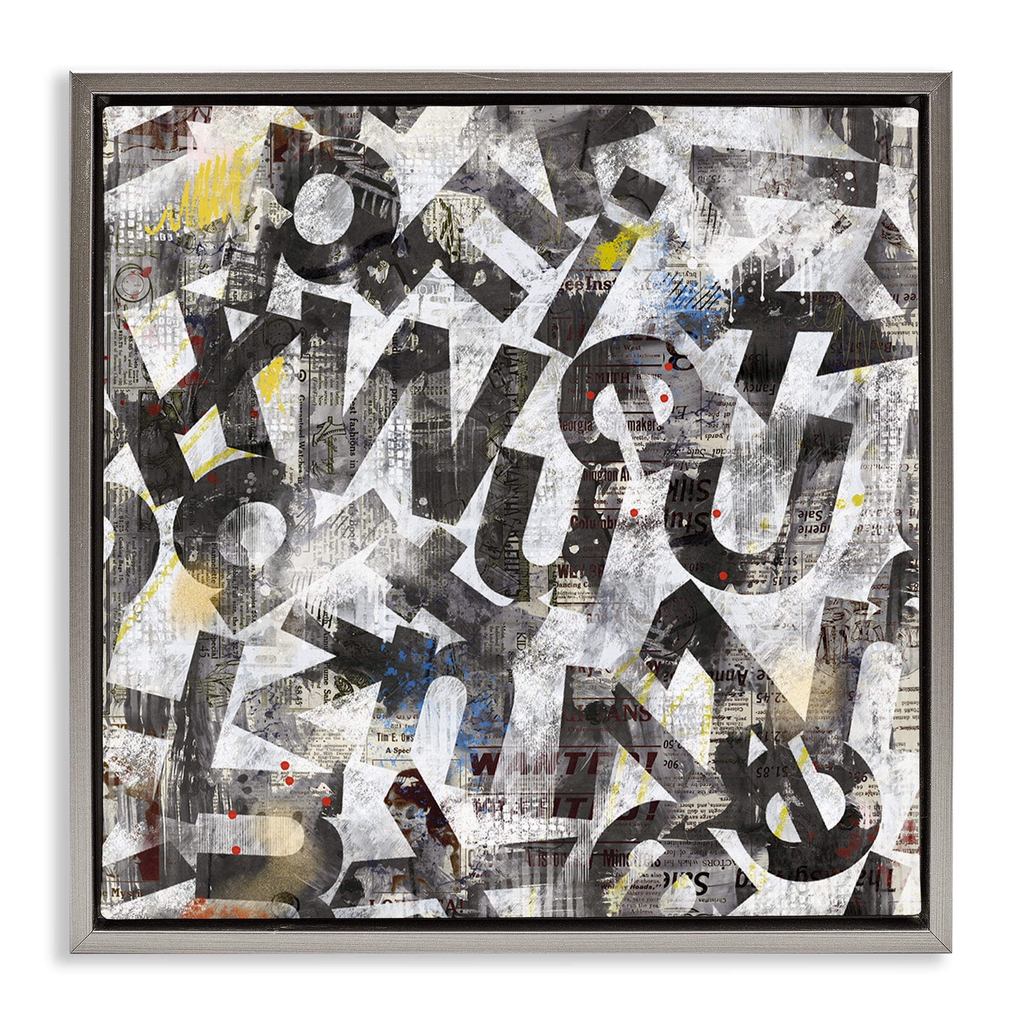 Stupell Industries Mixed Letters Abstraction Abstract Painting Gray Floater Framed Canvas Art Print Wall Art, 25 x 25