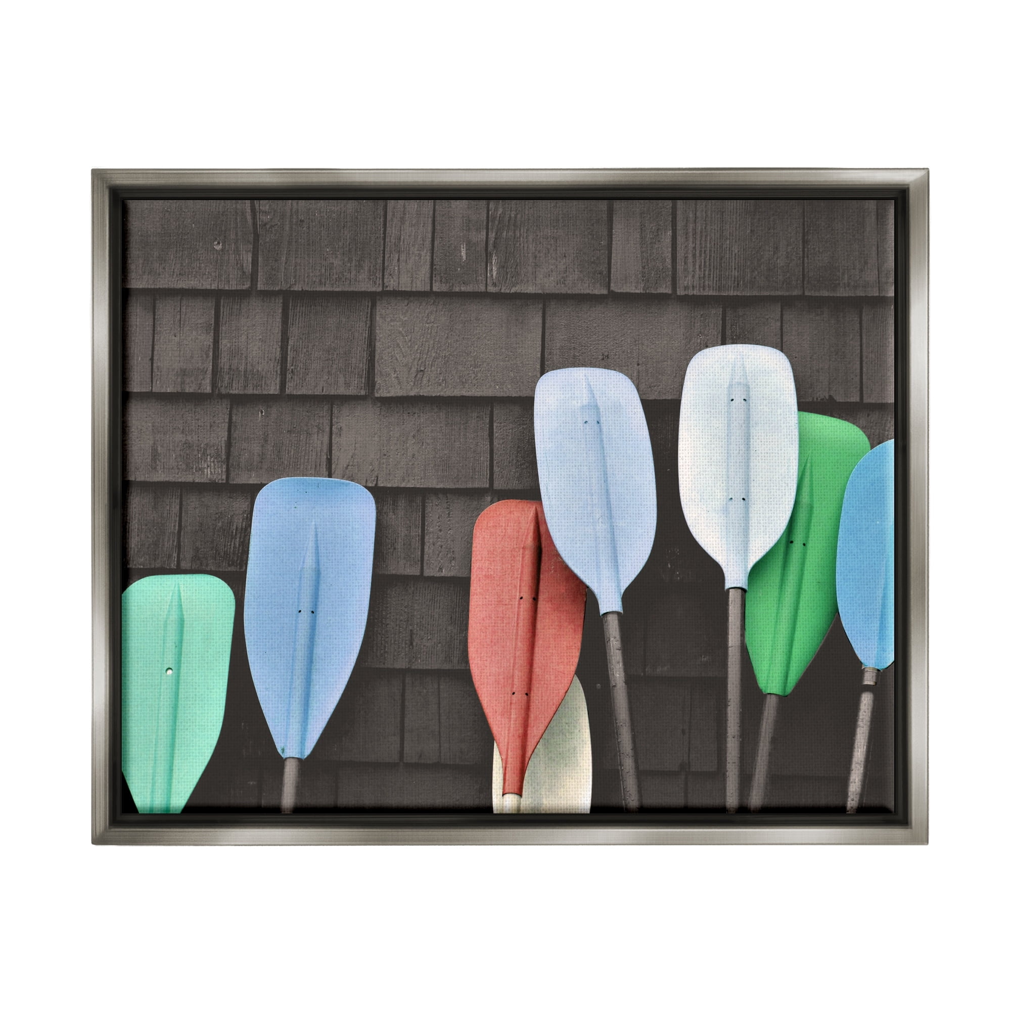 Stupell Industries Mixed Ores Against Beach Shed Boating Paddle Photograph Luster Gray Floating Framed Canvas Print Wall Art, Design by Daphne Polselli