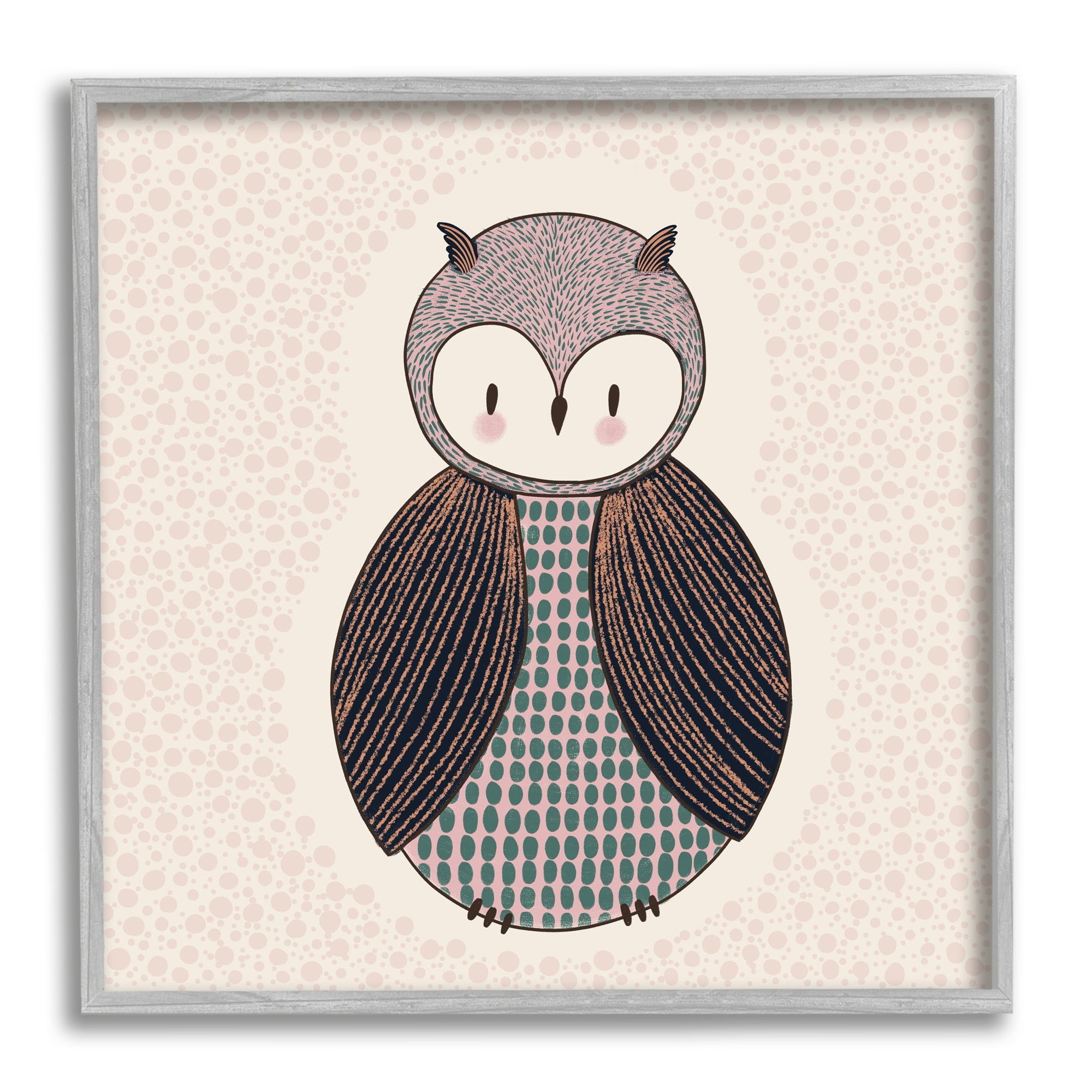 Stupell Industries Mixed Patterned Owl Bird Whimsical Spotted Shapes Graphic Art Gray Framed Art Print Wall Art, Design by Birgit Maria Kiennast