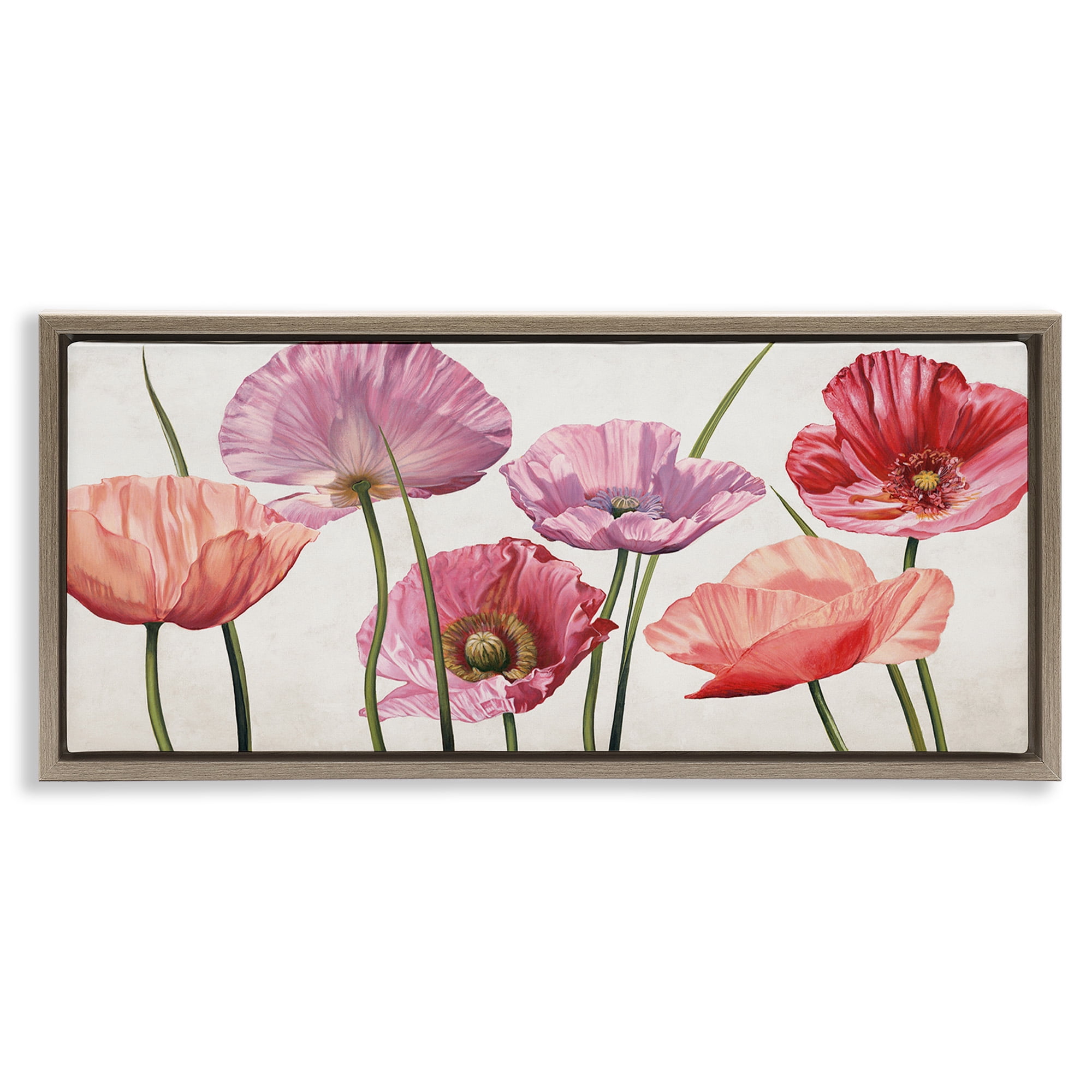 Stupell Industries Mixed Poppies with Vivid Petals Botanical & Floral Painting Brown Floater Framed Canvas Art Print Wall Art, 25 x 11