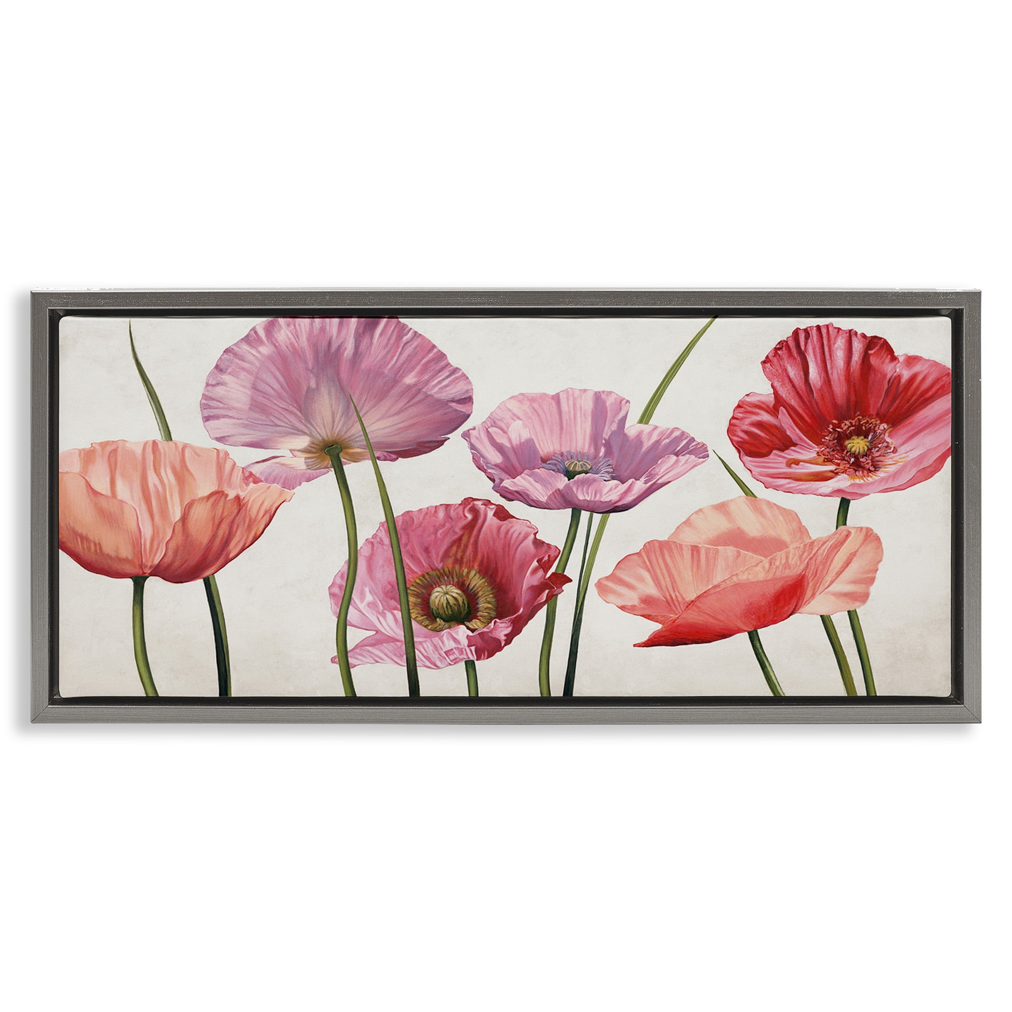 Stupell Industries Mixed Poppies with Vivid Petals Botanical & Floral Painting Gray Floater Framed Canvas Art Print Wall Art, 31 x 14