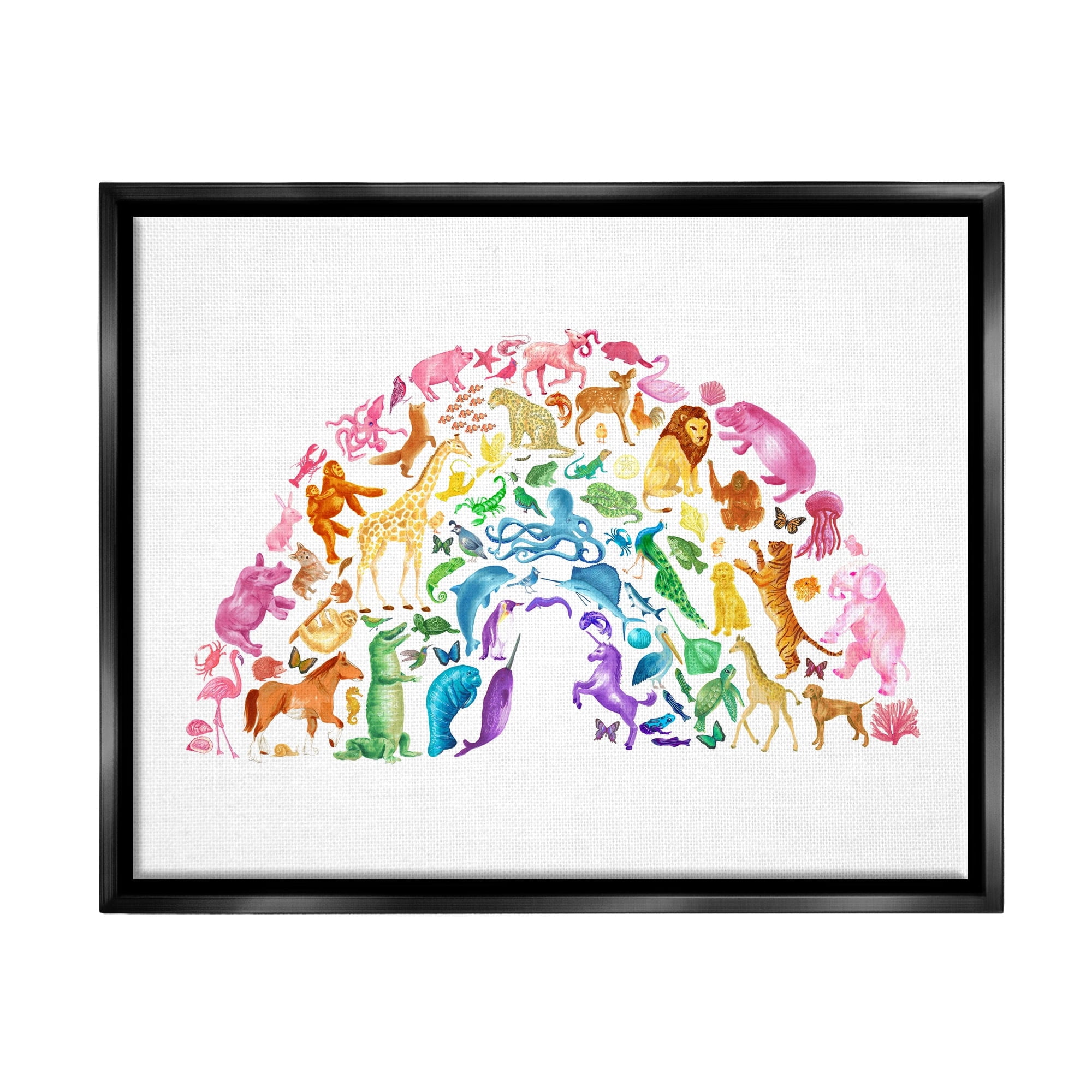 Stupell Industries Mixed Rainbow Animals Wildlife Arched Rainbow Shape Graphic Art Jet Black Floating Framed Canvas Print Wall Art, Design by Dishique