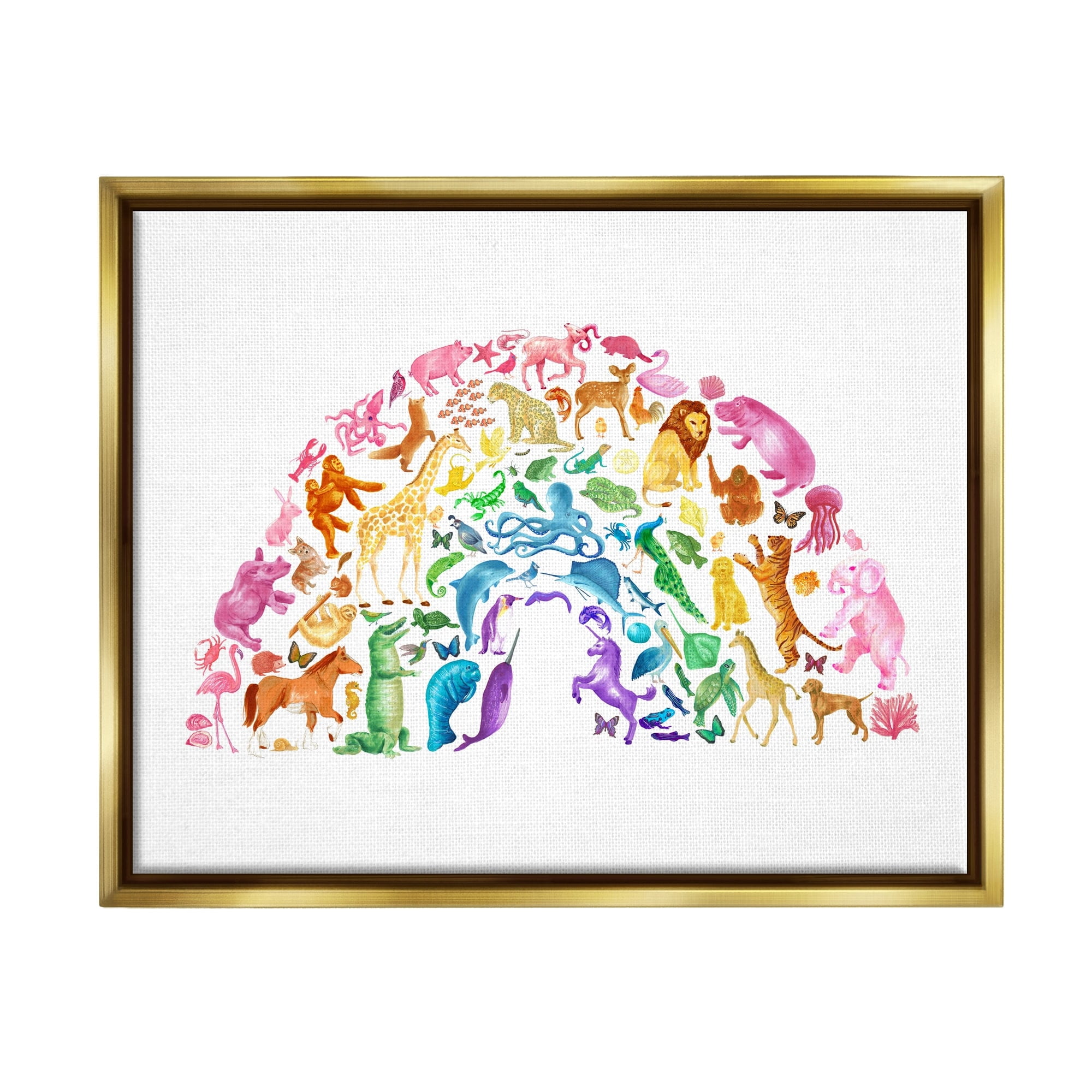 Stupell Industries Mixed Rainbow Animals Wildlife Arched Rainbow Shape Graphic Art Metallic Gold Floating Framed Canvas Print Wall Art, Design by Dishique
