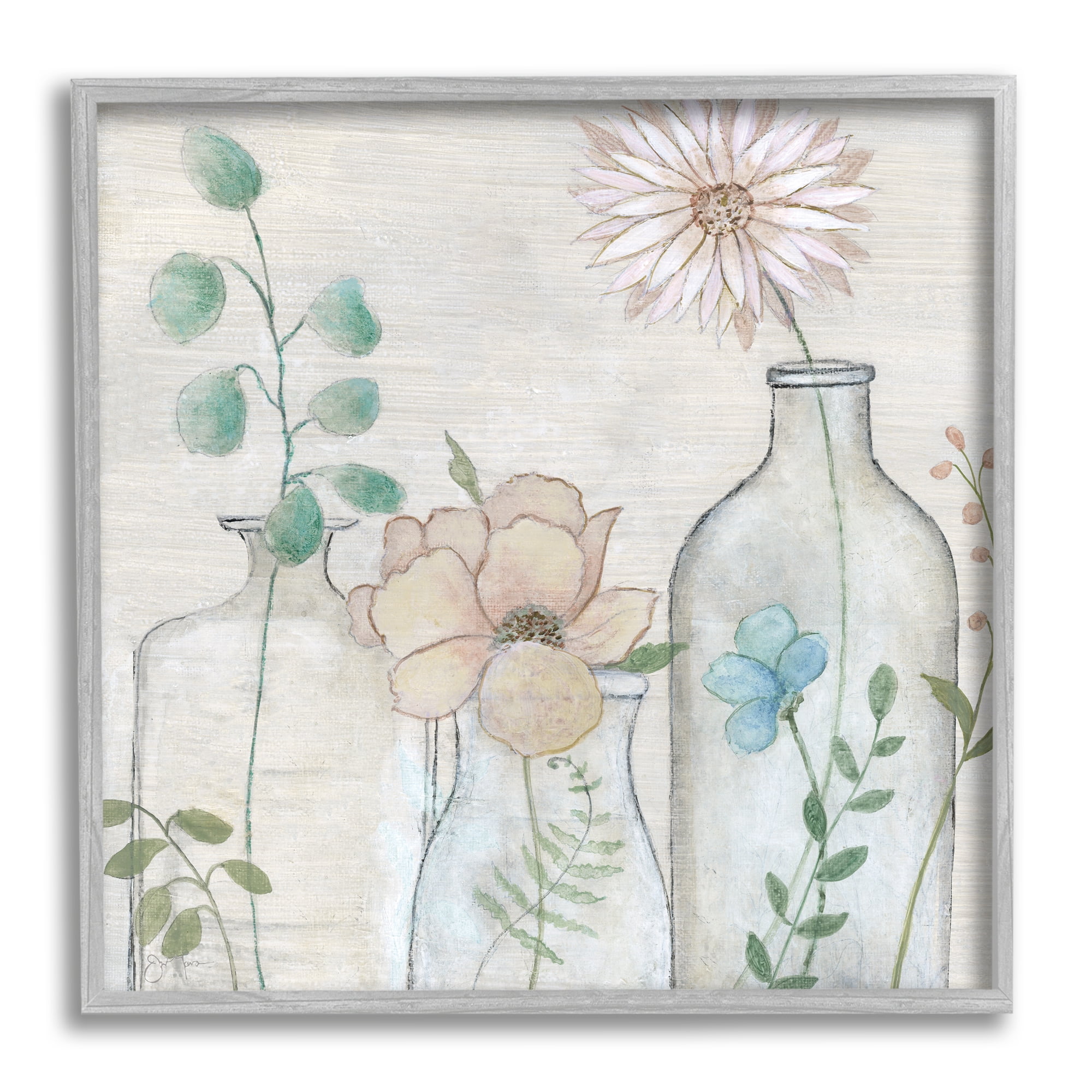 Stupell Industries Mixed Rustic Wildflower Vases Botanical & Floral Painting Gray Framed Art Print Wall Art